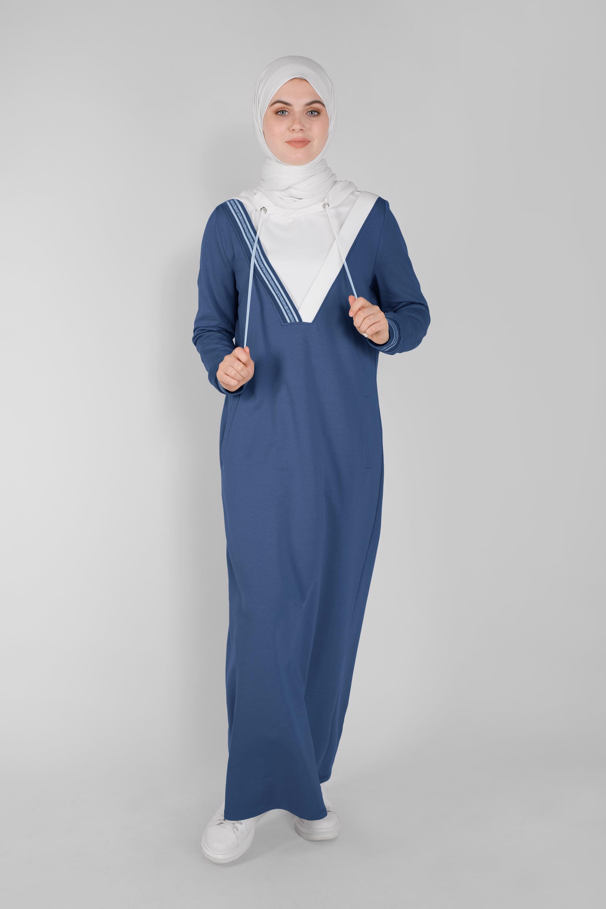 Tesettür giyim LACİVERT KAPÜŞONLU MANŞETLERİ LASTİKLİ EŞOFMAN ELBİSE  41514 