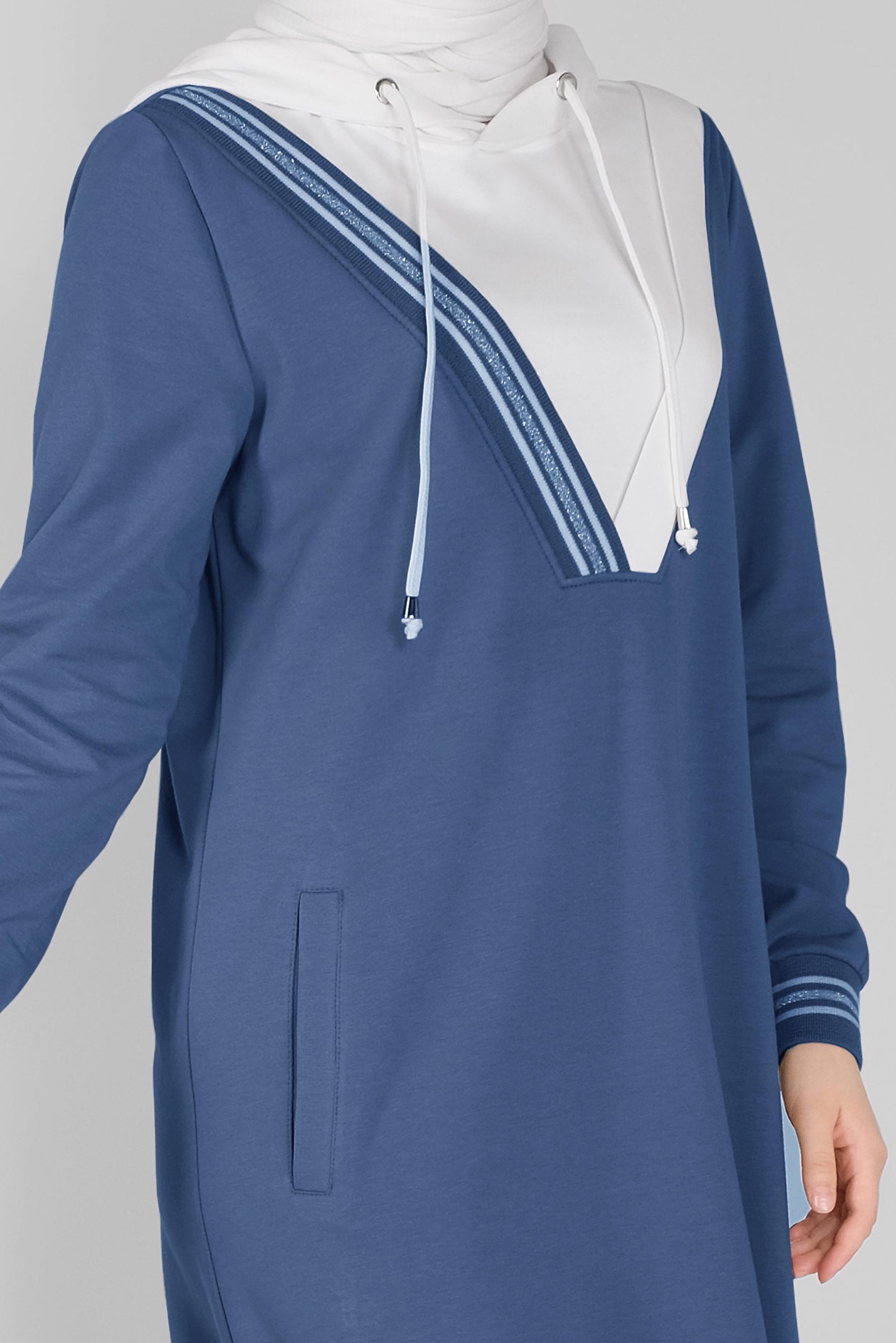 Tesettür giyim LACİVERT KAPÜŞONLU MANŞETLERİ LASTİKLİ EŞOFMAN ELBİSE  41514 