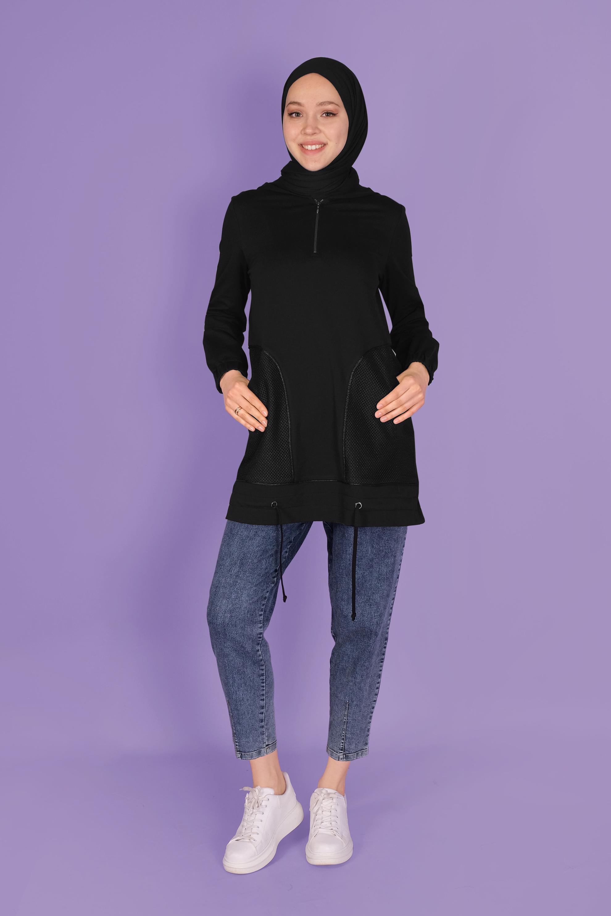 Tesettür giyim SİYAH  FİLE DETAYLI EŞOFMAN TUNİK 41516 