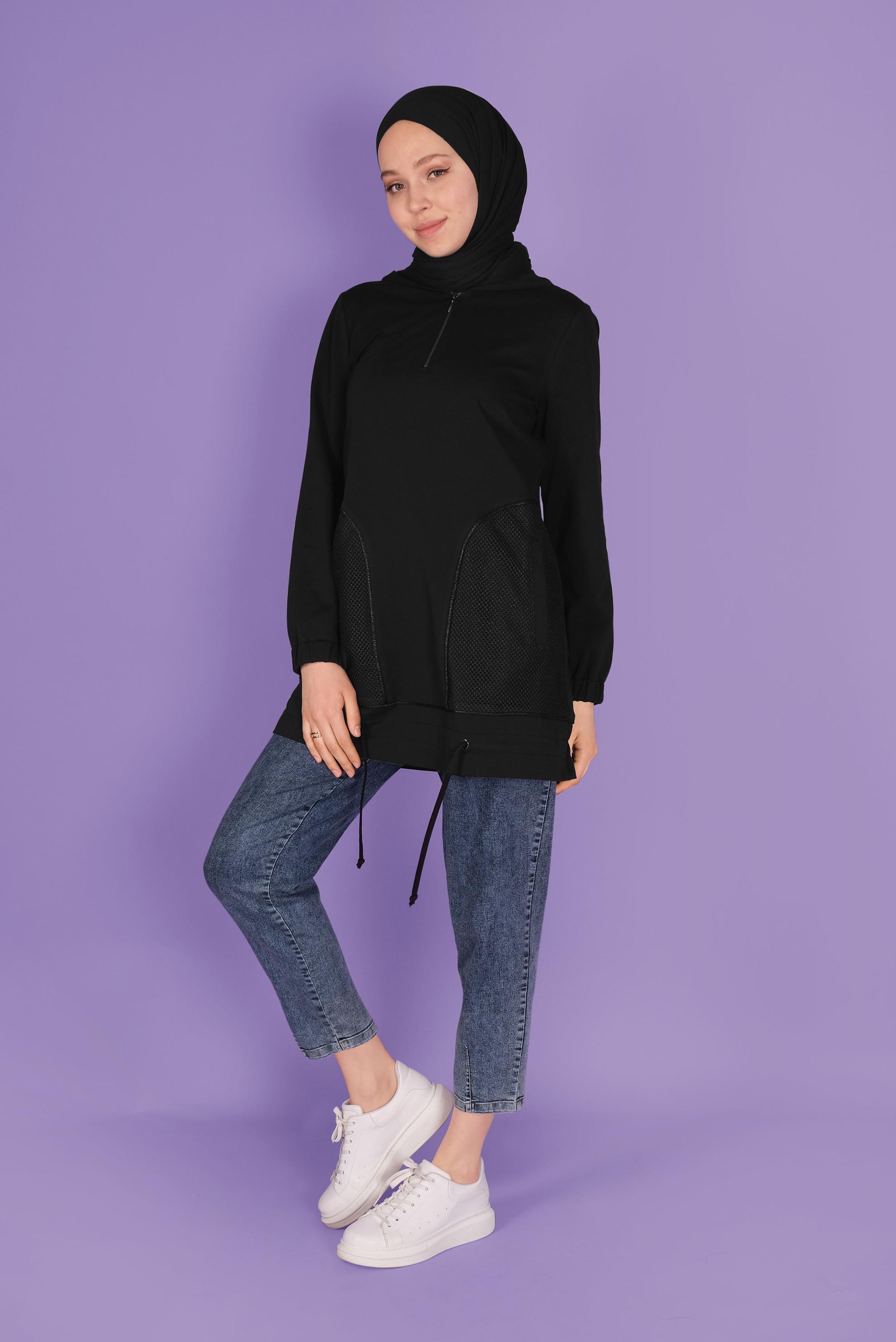 Tesettür giyim SİYAH  FİLE DETAYLI EŞOFMAN TUNİK 41516 