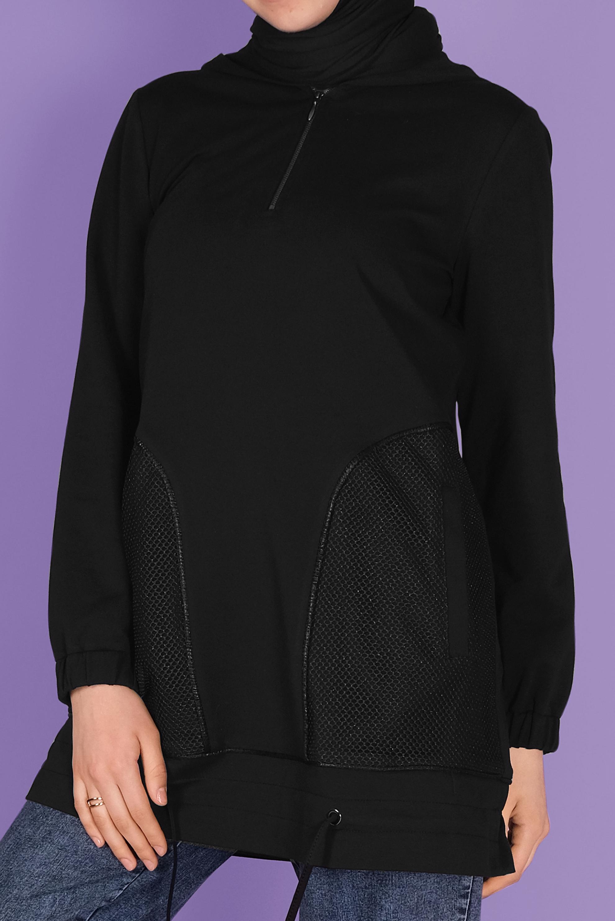 Tesettür giyim SİYAH  FİLE DETAYLI EŞOFMAN TUNİK 41516 