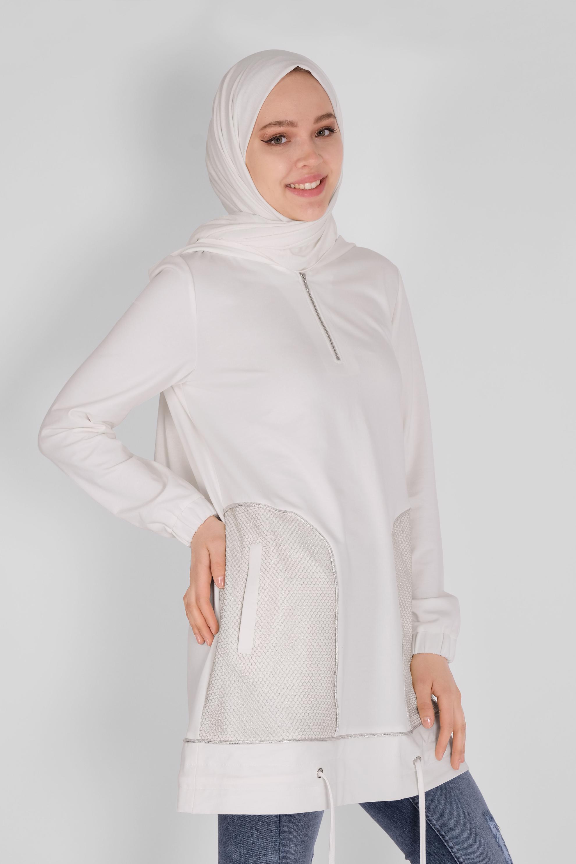 Tesettür giyim BEYAZ  FİLE DETAYLI EŞOFMAN TUNİK 41516 