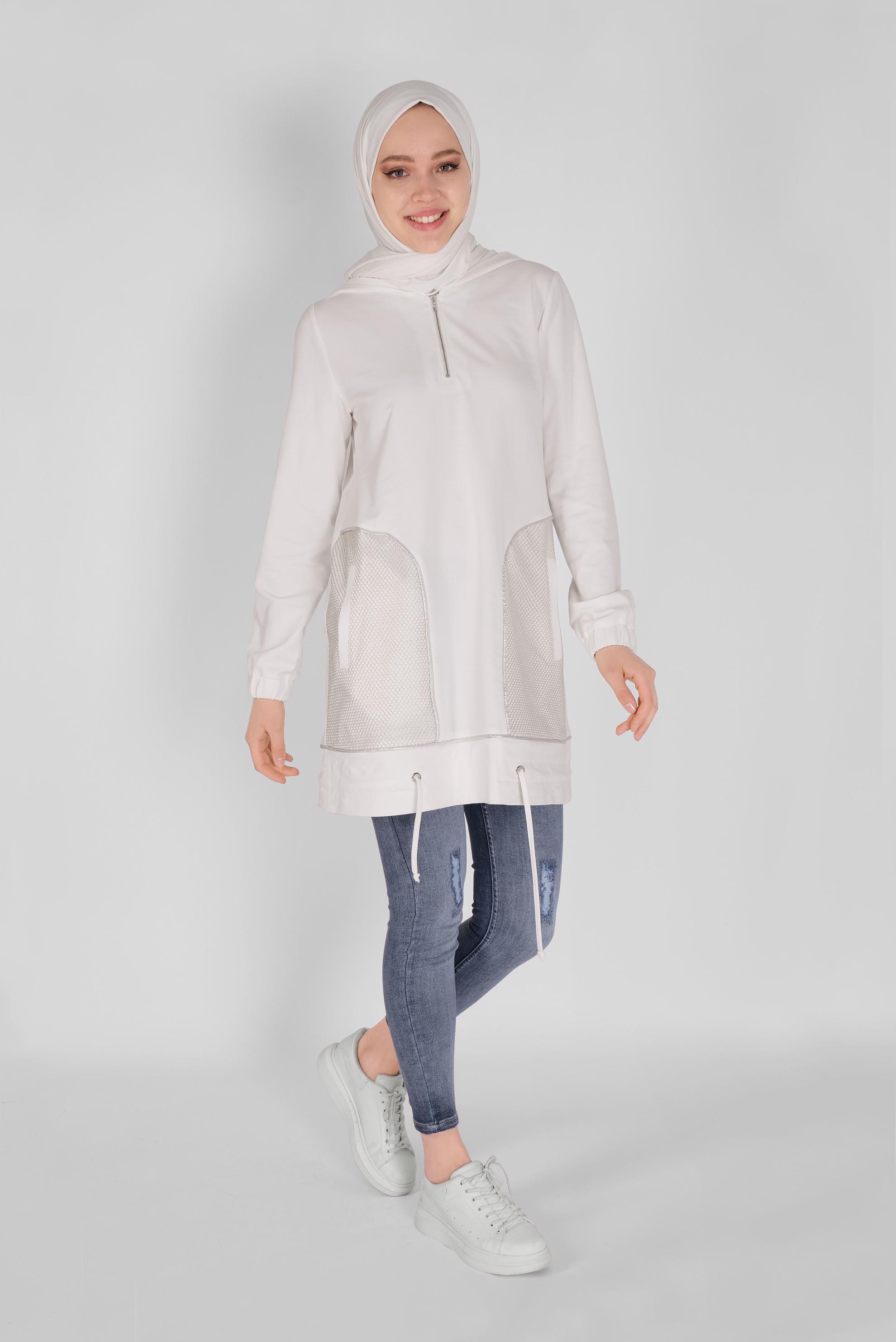 Tesettür giyim BEYAZ  FİLE DETAYLI EŞOFMAN TUNİK 41516 