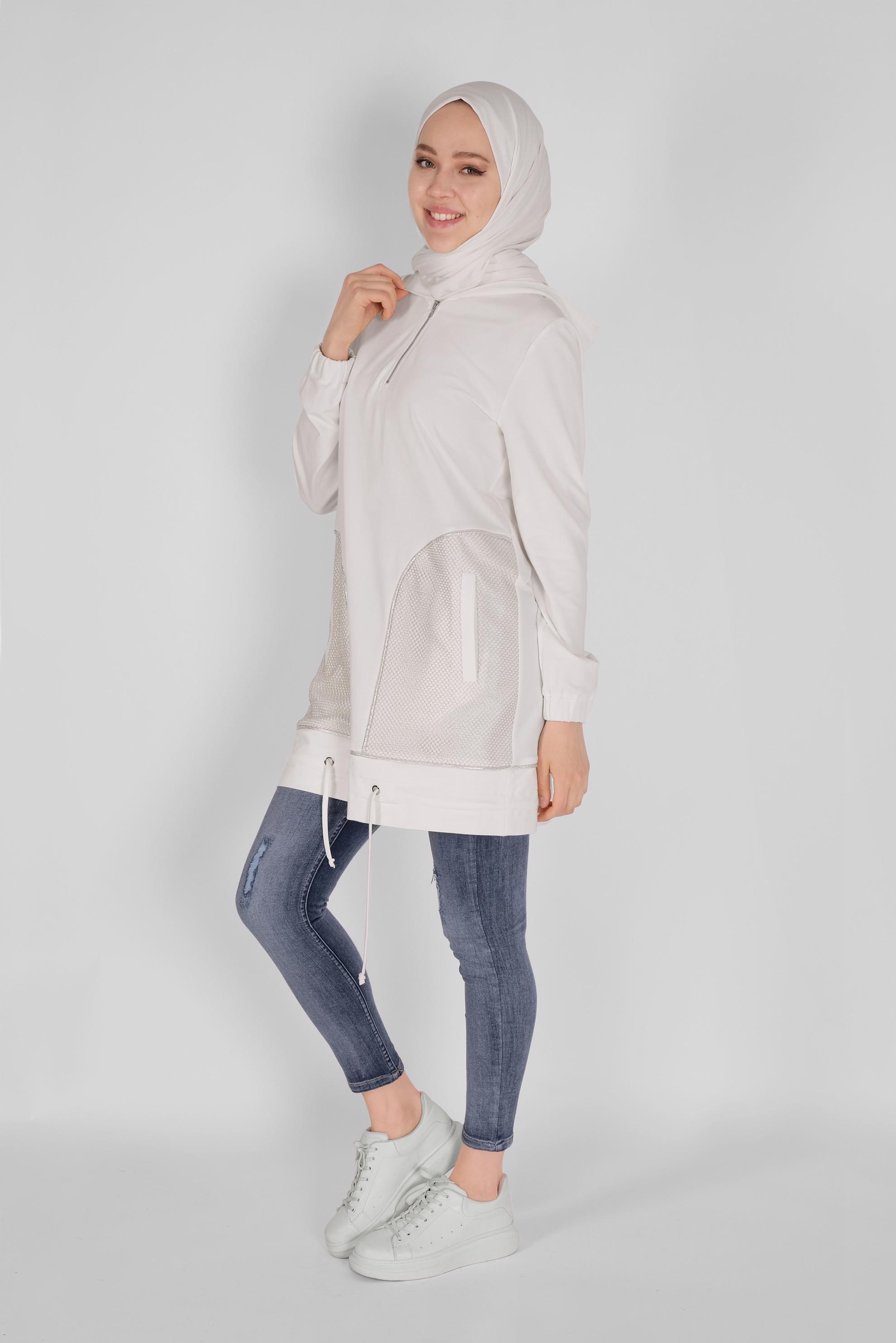 Tesettür giyim BEYAZ  FİLE DETAYLI EŞOFMAN TUNİK 41516 