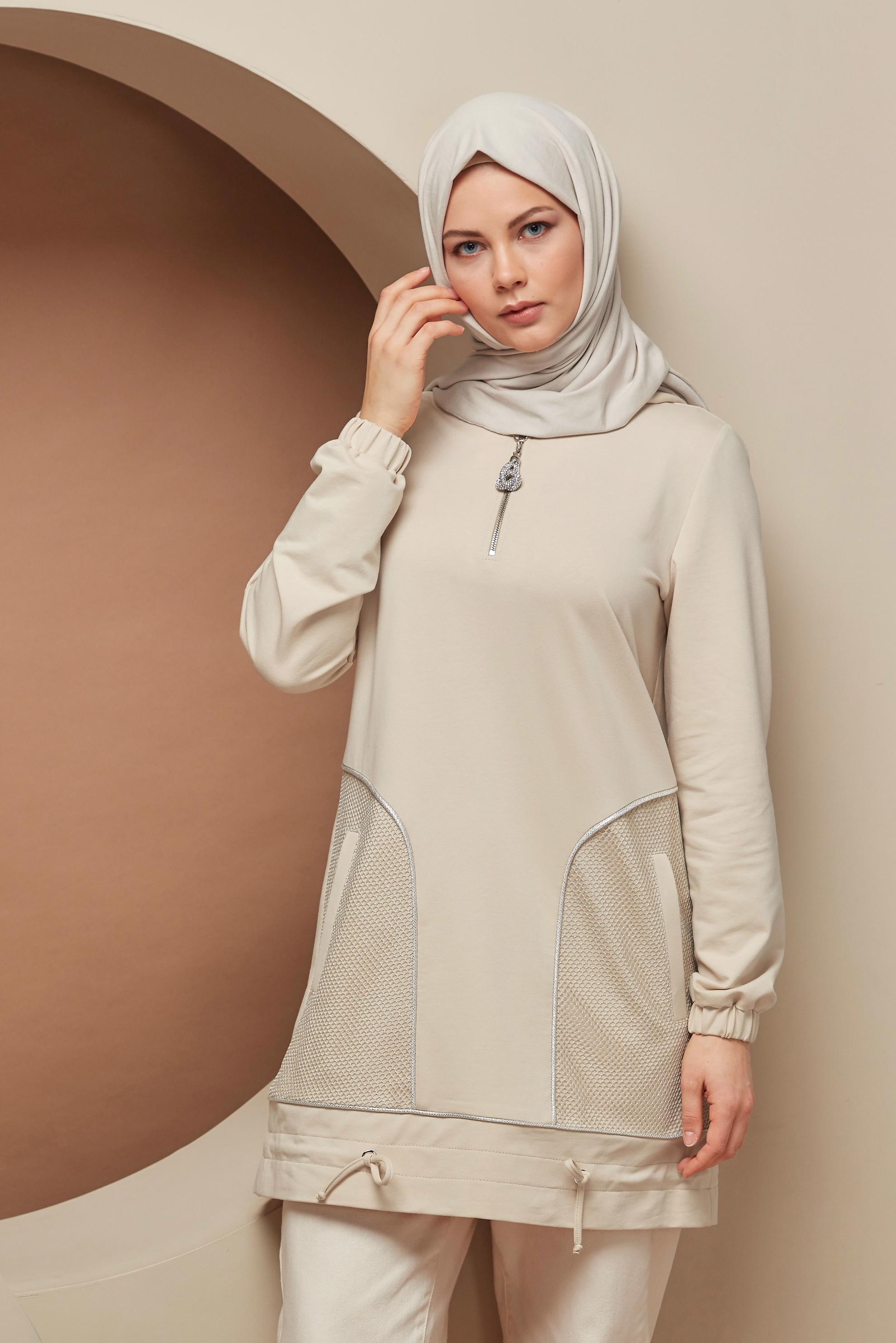 Tesettür giyim BEJ  FİLE DETAYLI EŞOFMAN TUNİK 41516 