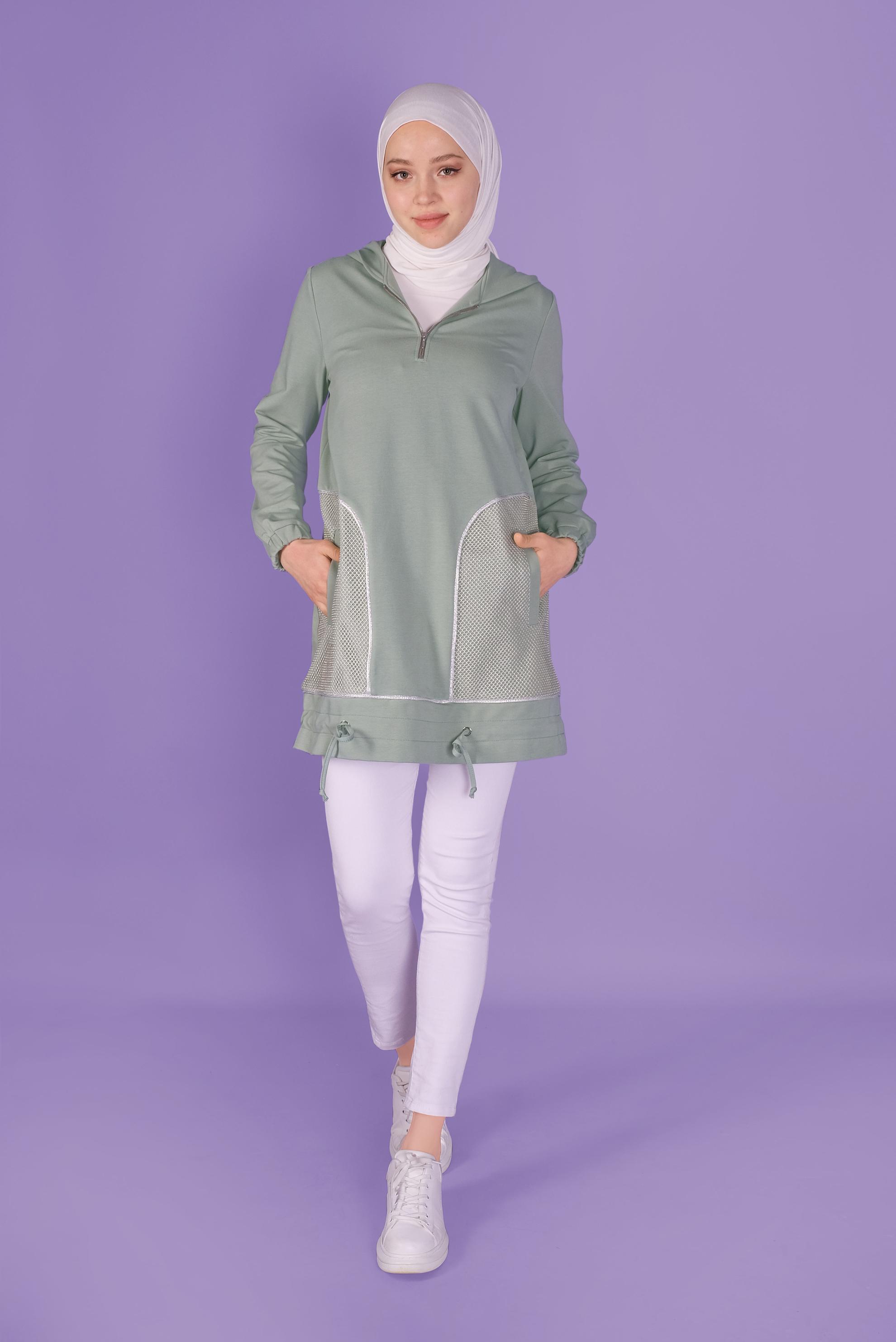 Tesettür giyim YEŞİL  FİLE DETAYLI EŞOFMAN TUNİK 41516 