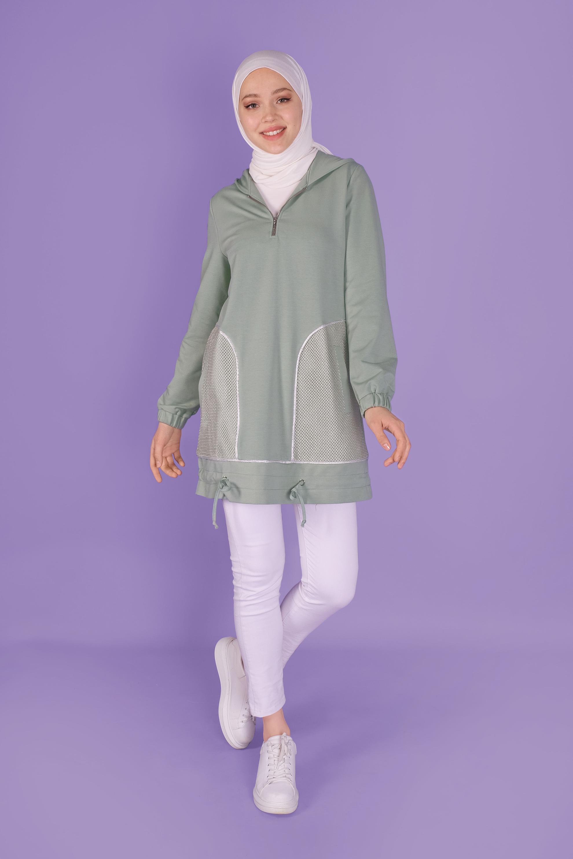 Tesettür giyim YEŞİL  FİLE DETAYLI EŞOFMAN TUNİK 41516 