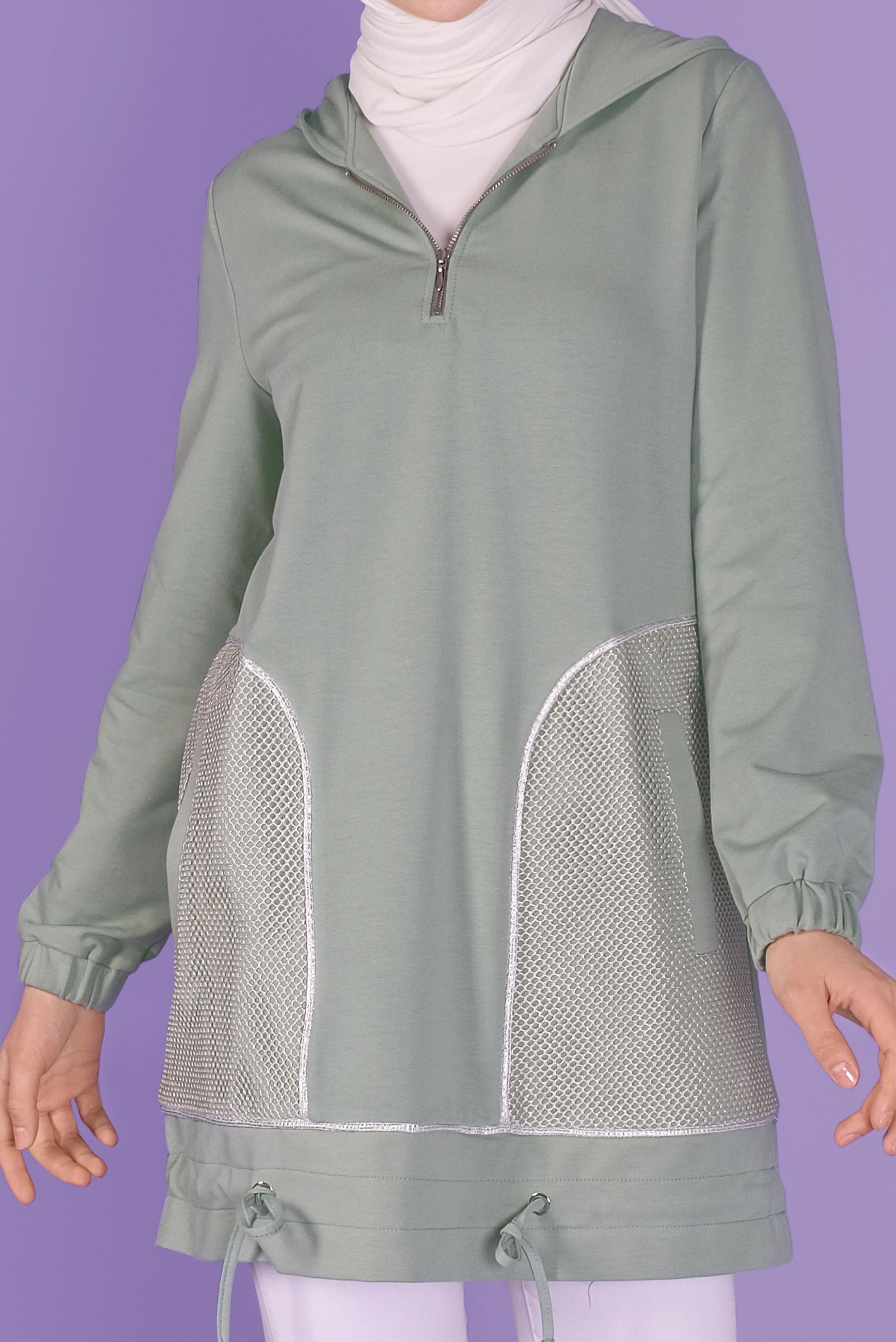 Tesettür giyim YEŞİL  FİLE DETAYLI EŞOFMAN TUNİK 41516 