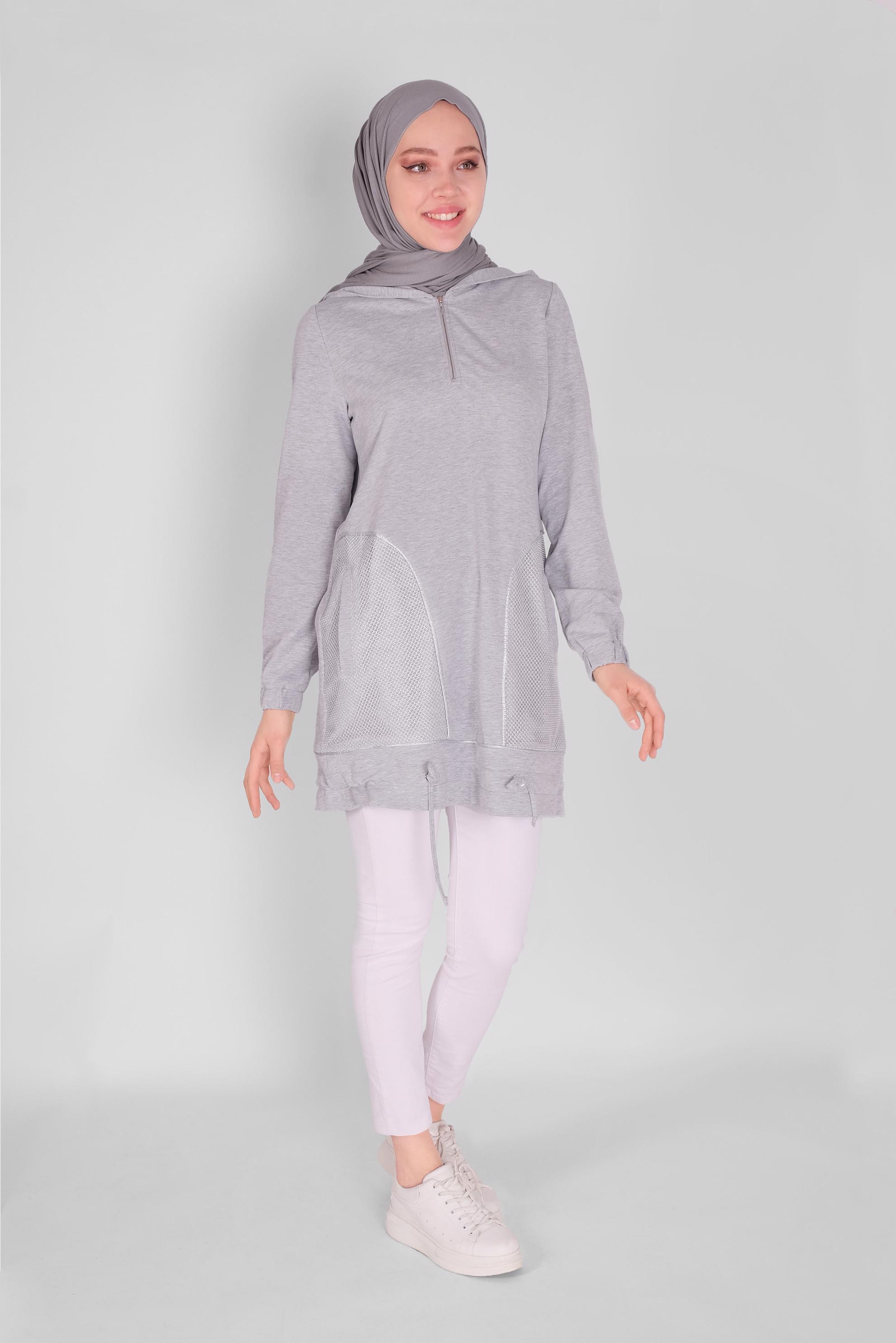 Tesettür giyim GRİ  FİLE DETAYLI EŞOFMAN TUNİK 41516 