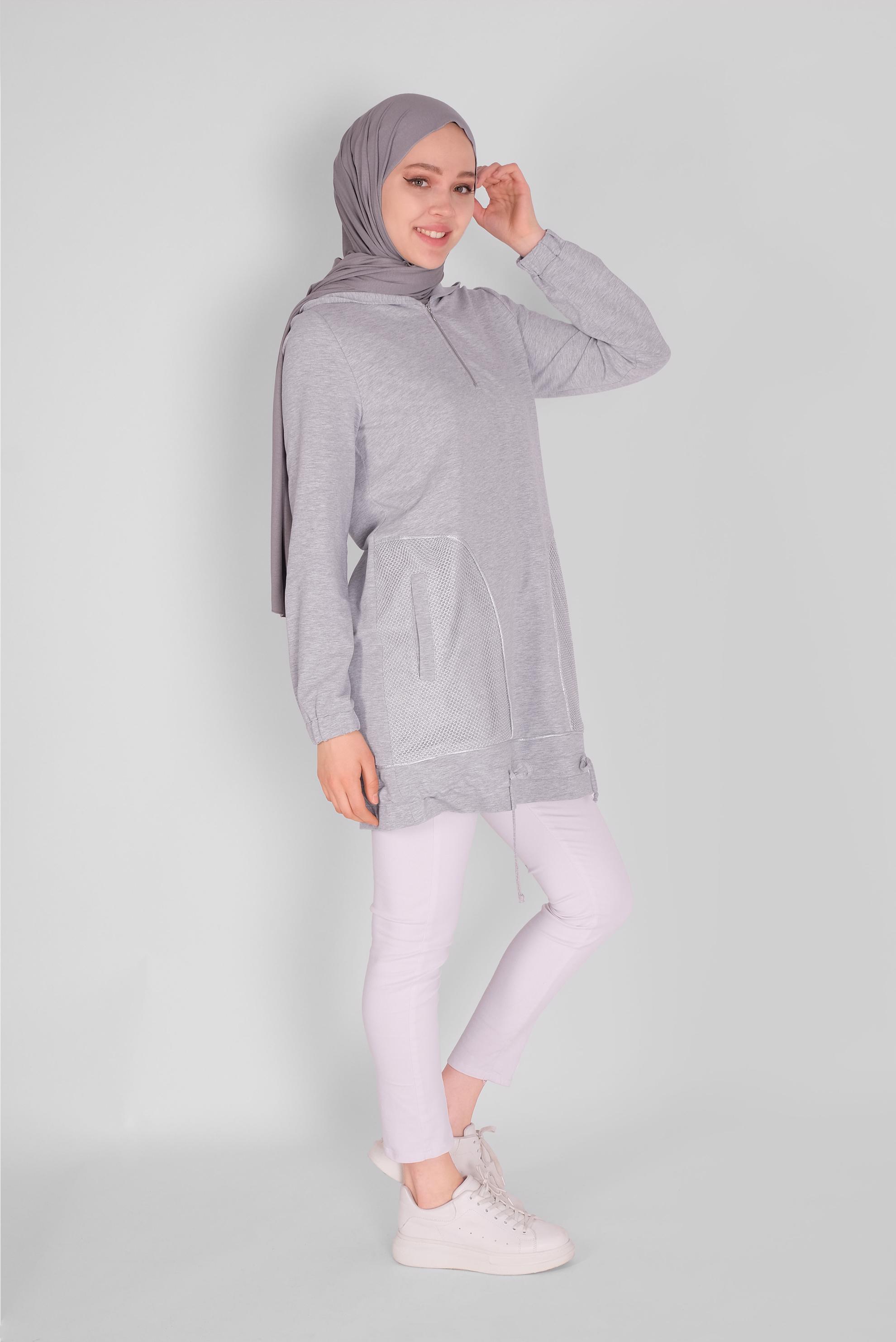Tesettür giyim GRİ  FİLE DETAYLI EŞOFMAN TUNİK 41516 