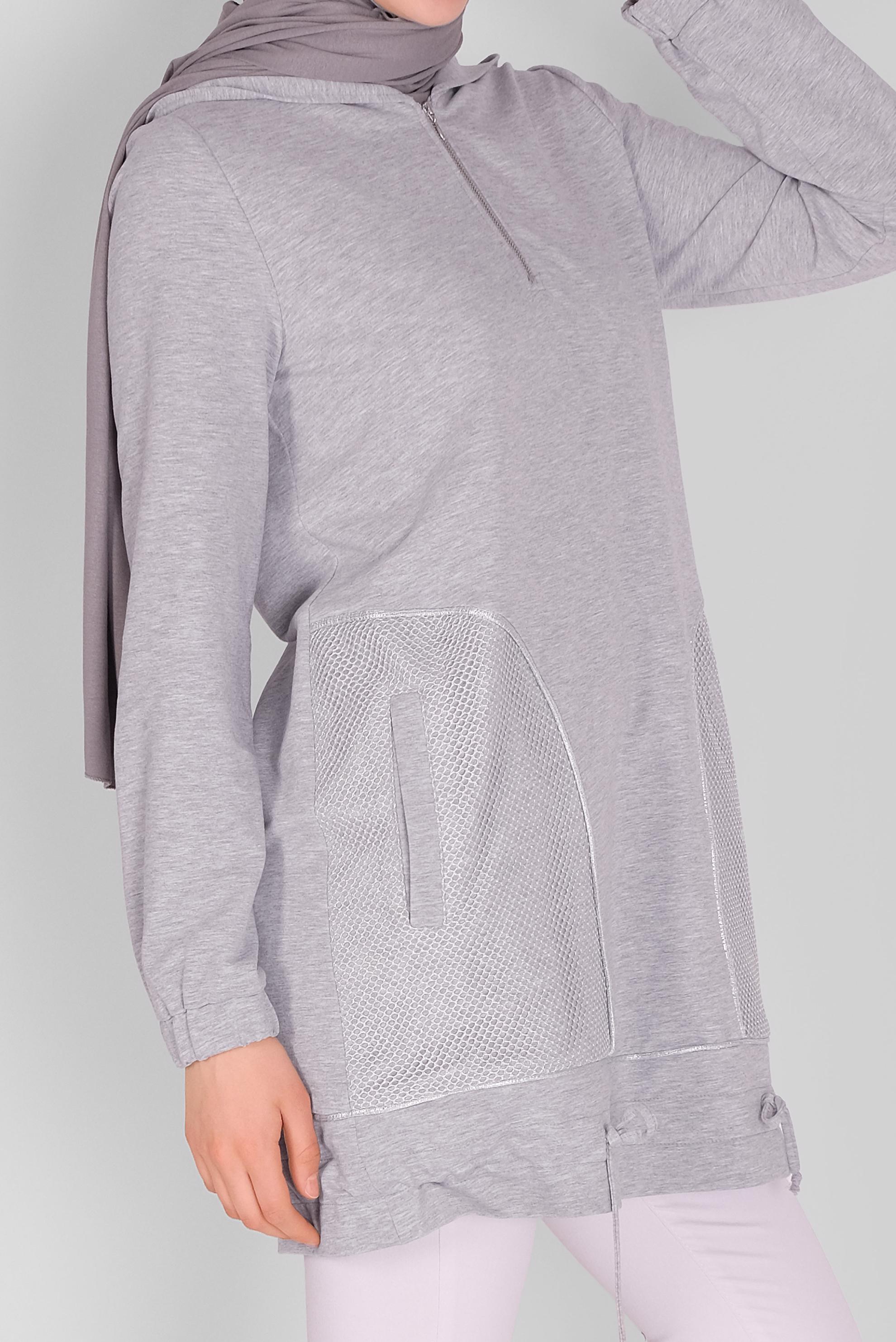 Tesettür giyim GRİ  FİLE DETAYLI EŞOFMAN TUNİK 41516 