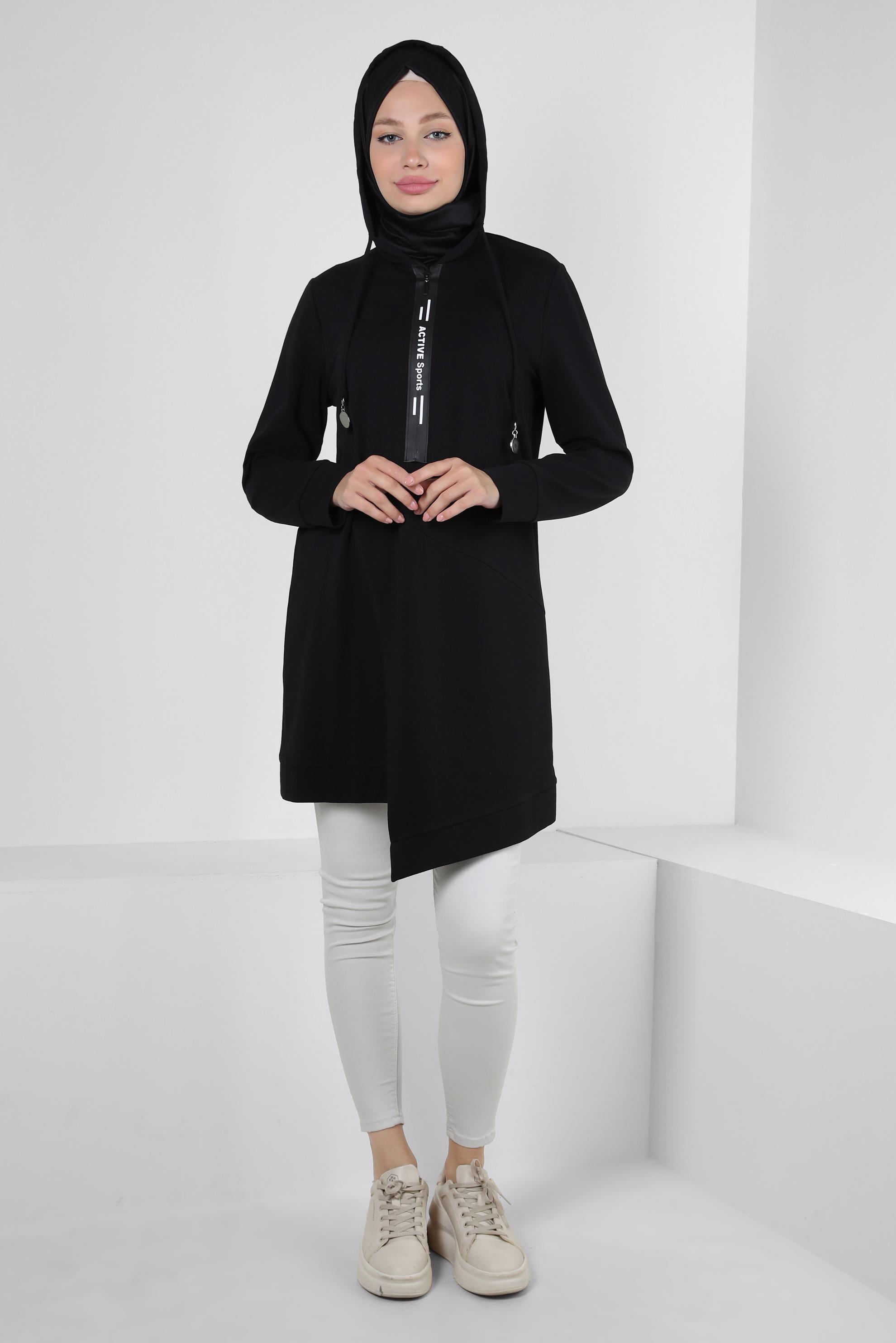 Tesettür giyim SİYAH ASİMETRİK KESİMLİ KAPÜŞONLU EŞOFMAN TUNİK 41517