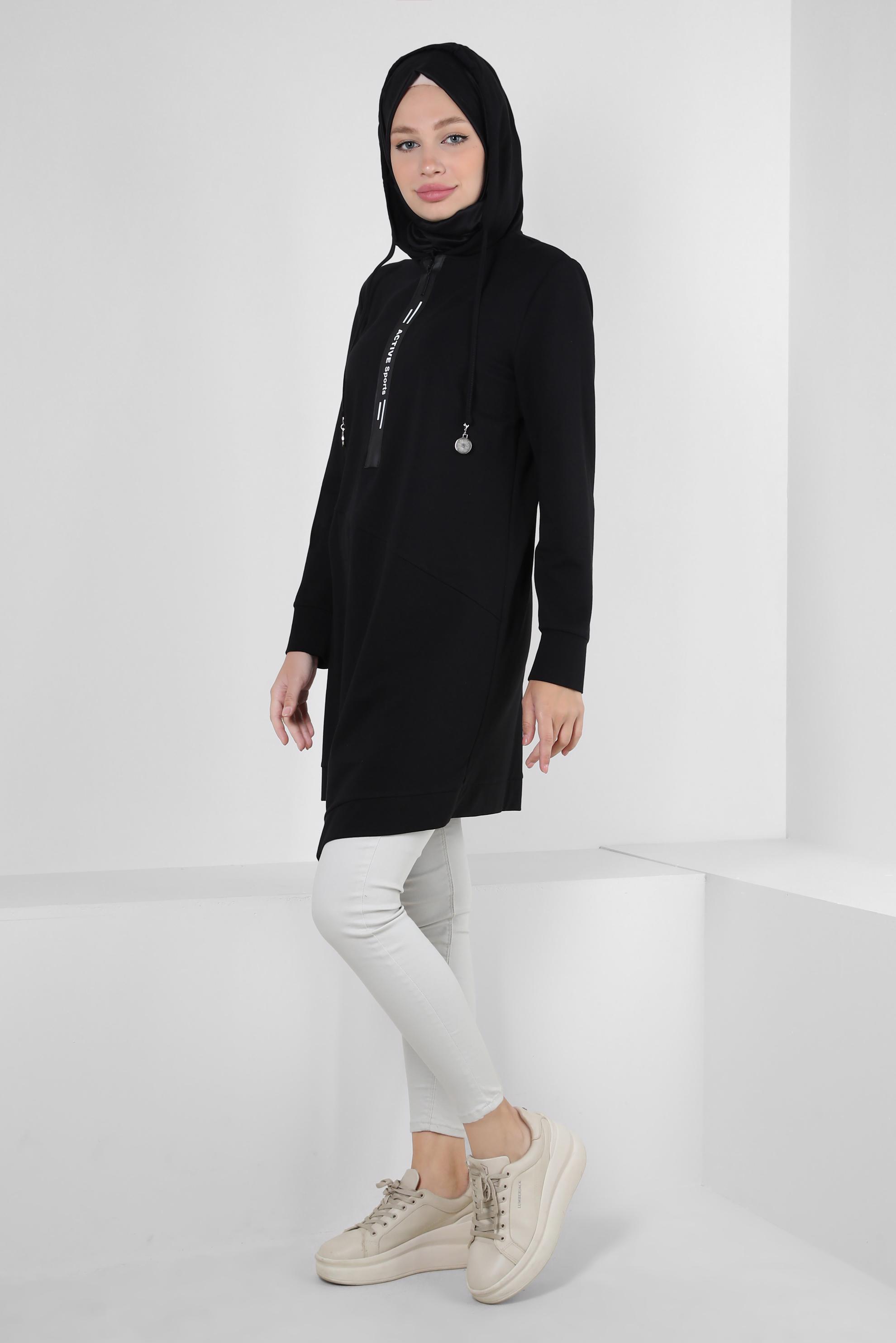 Tesettür giyim SİYAH ASİMETRİK KESİMLİ KAPÜŞONLU EŞOFMAN TUNİK 41517
