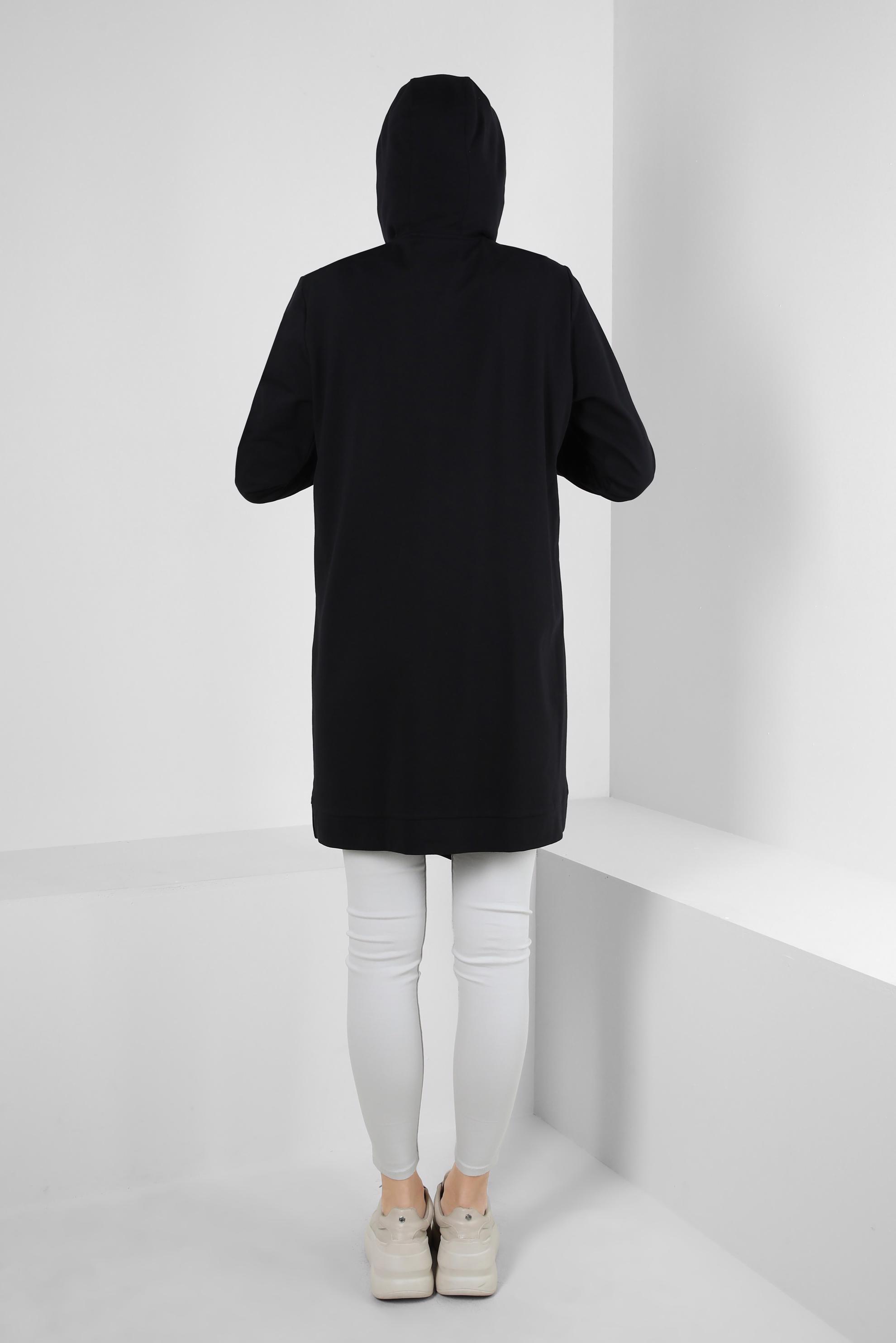 Tesettür giyim SİYAH ASİMETRİK KESİMLİ KAPÜŞONLU EŞOFMAN TUNİK 41517