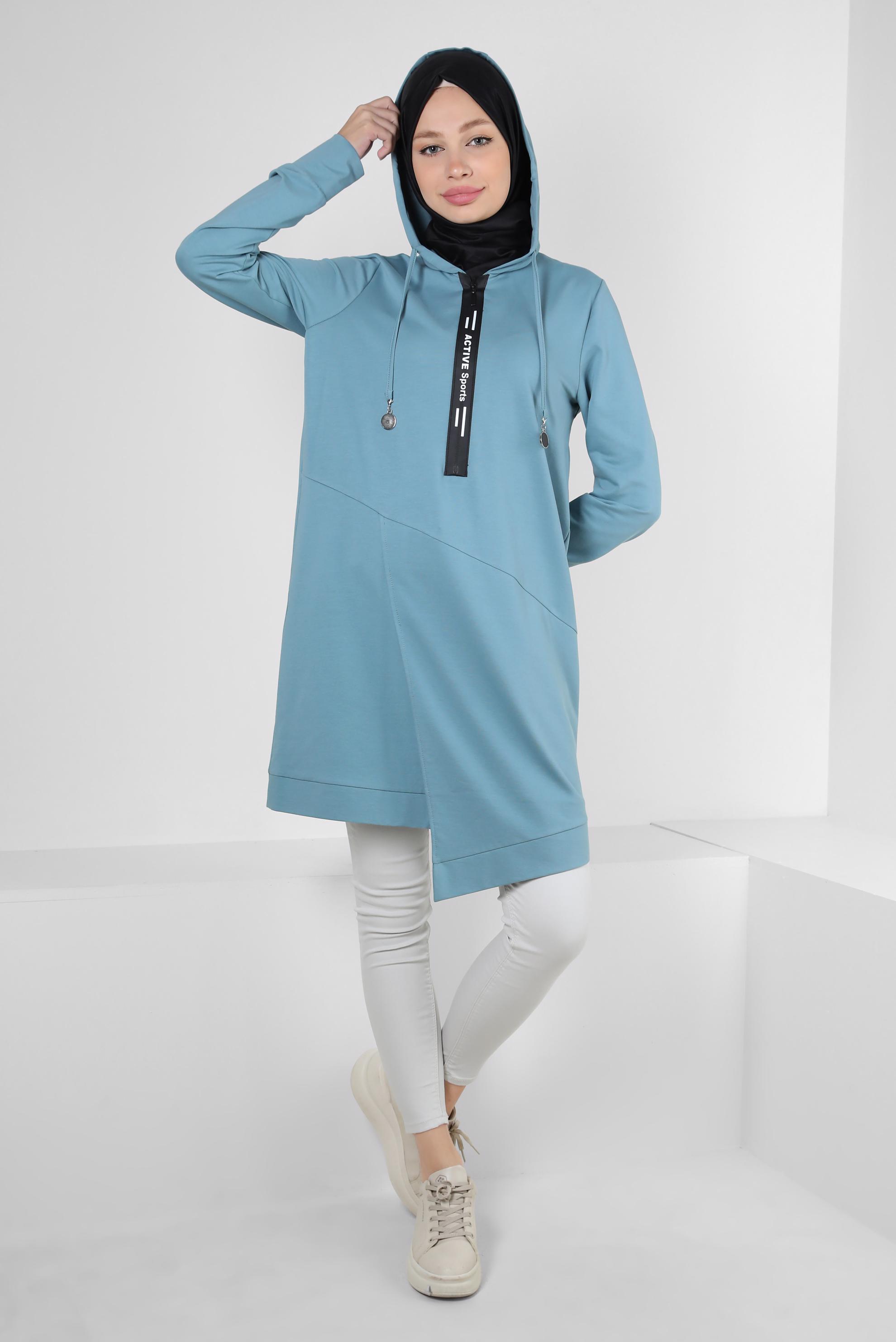 Tesettür giyim MAVİ ASİMETRİK KESİMLİ KAPÜŞONLU EŞOFMAN TUNİK 41517