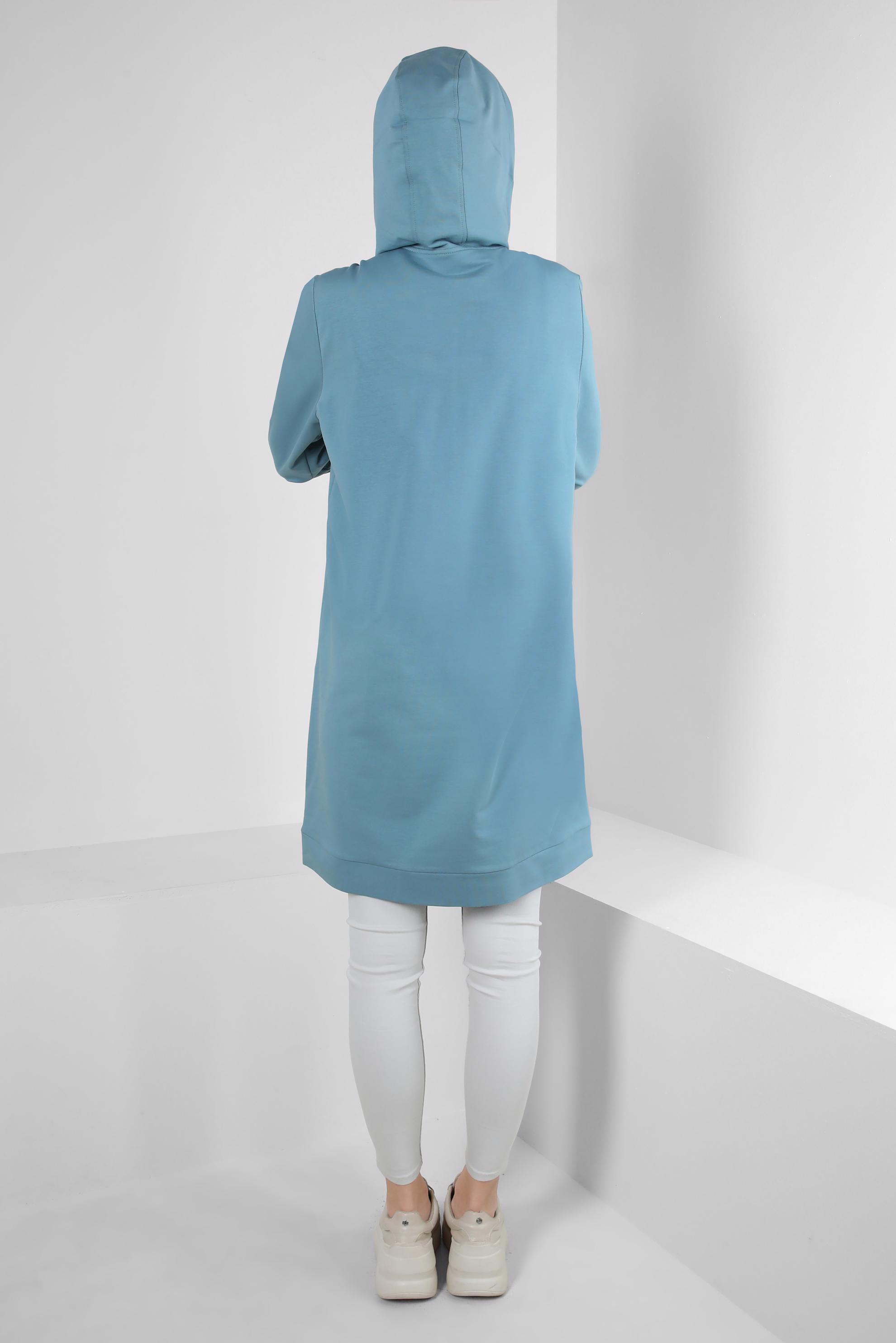 Tesettür giyim MAVİ ASİMETRİK KESİMLİ KAPÜŞONLU EŞOFMAN TUNİK 41517