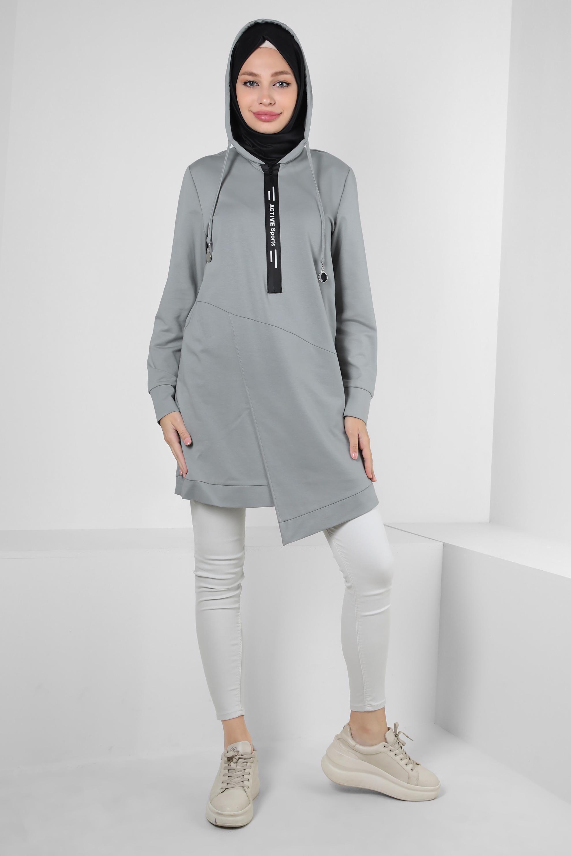 Tesettür giyim GÜMÜŞ ASİMETRİK KESİMLİ KAPÜŞONLU EŞOFMAN TUNİK 41517