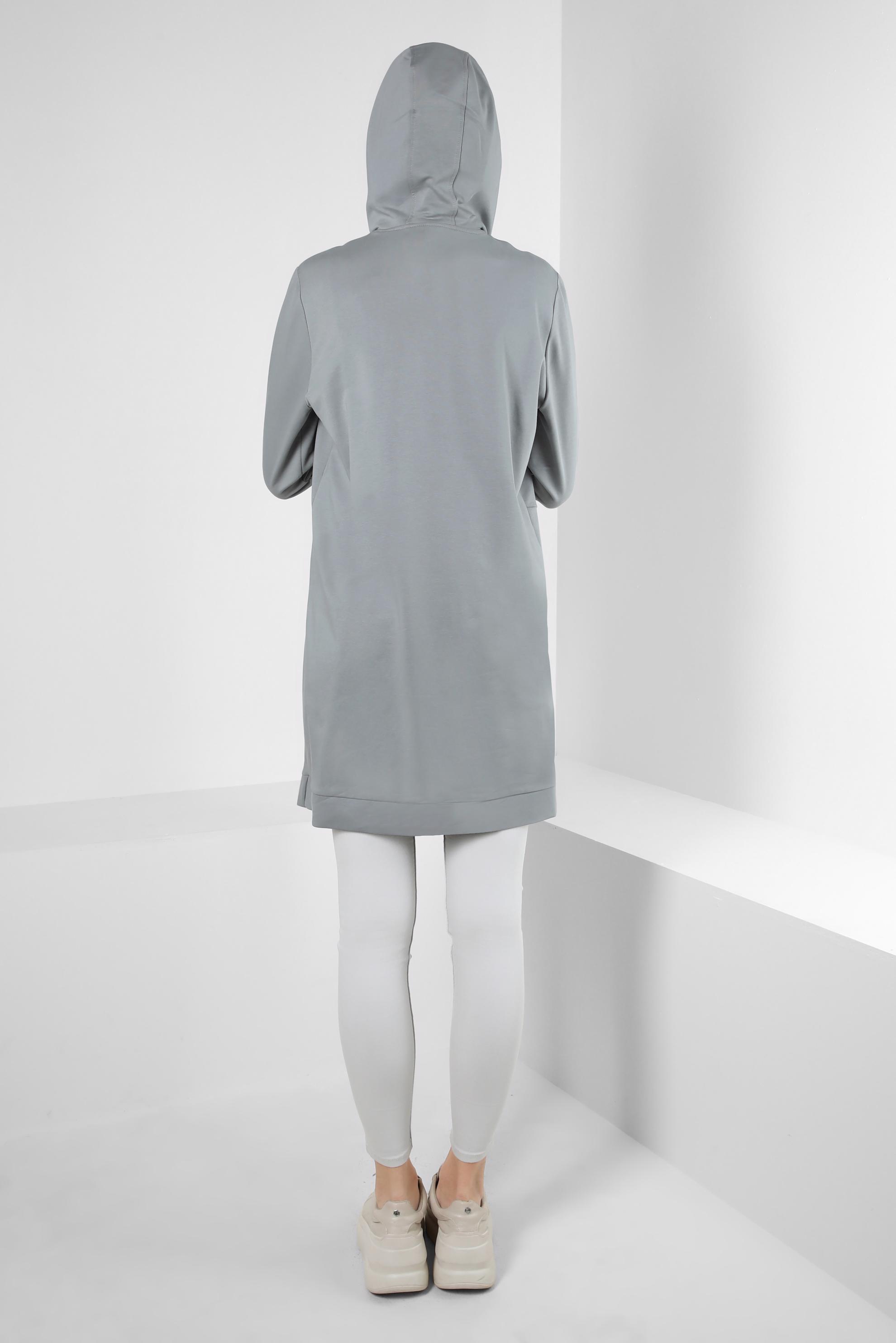 Tesettür giyim GÜMÜŞ ASİMETRİK KESİMLİ KAPÜŞONLU EŞOFMAN TUNİK 41517