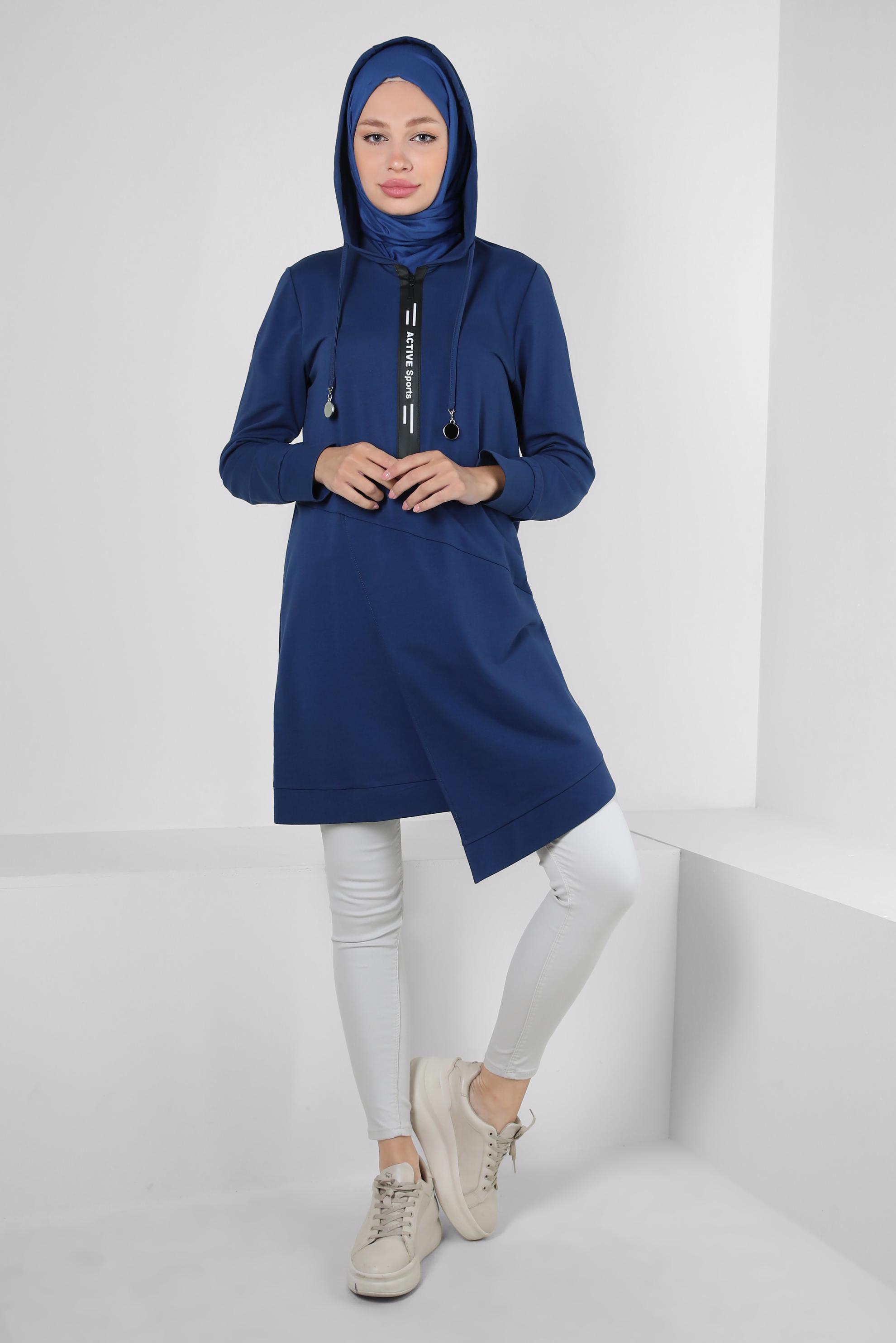 Tesettür giyim LACİVERT ASİMETRİK KESİMLİ KAPÜŞONLU EŞOFMAN TUNİK 41517