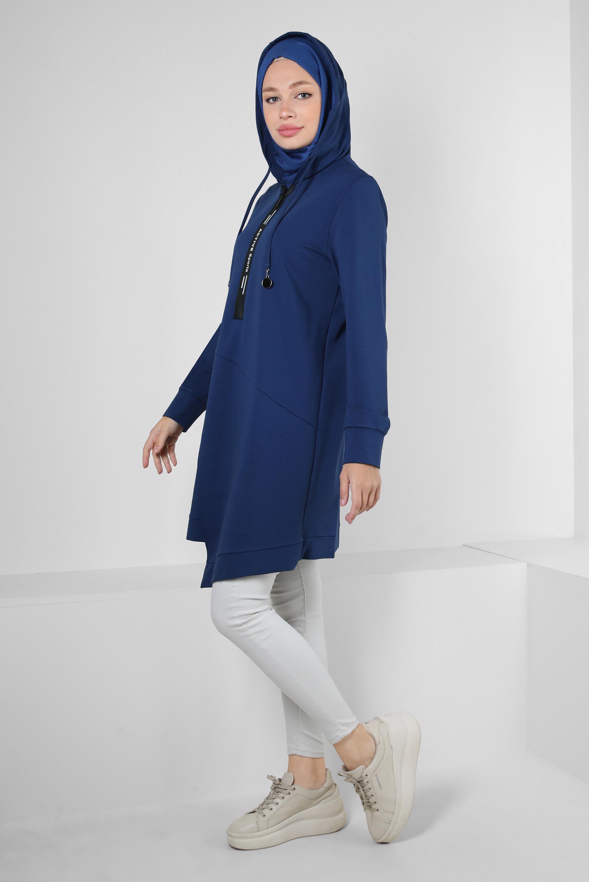 Tesettür giyim LACİVERT ASİMETRİK KESİMLİ KAPÜŞONLU EŞOFMAN TUNİK 41517