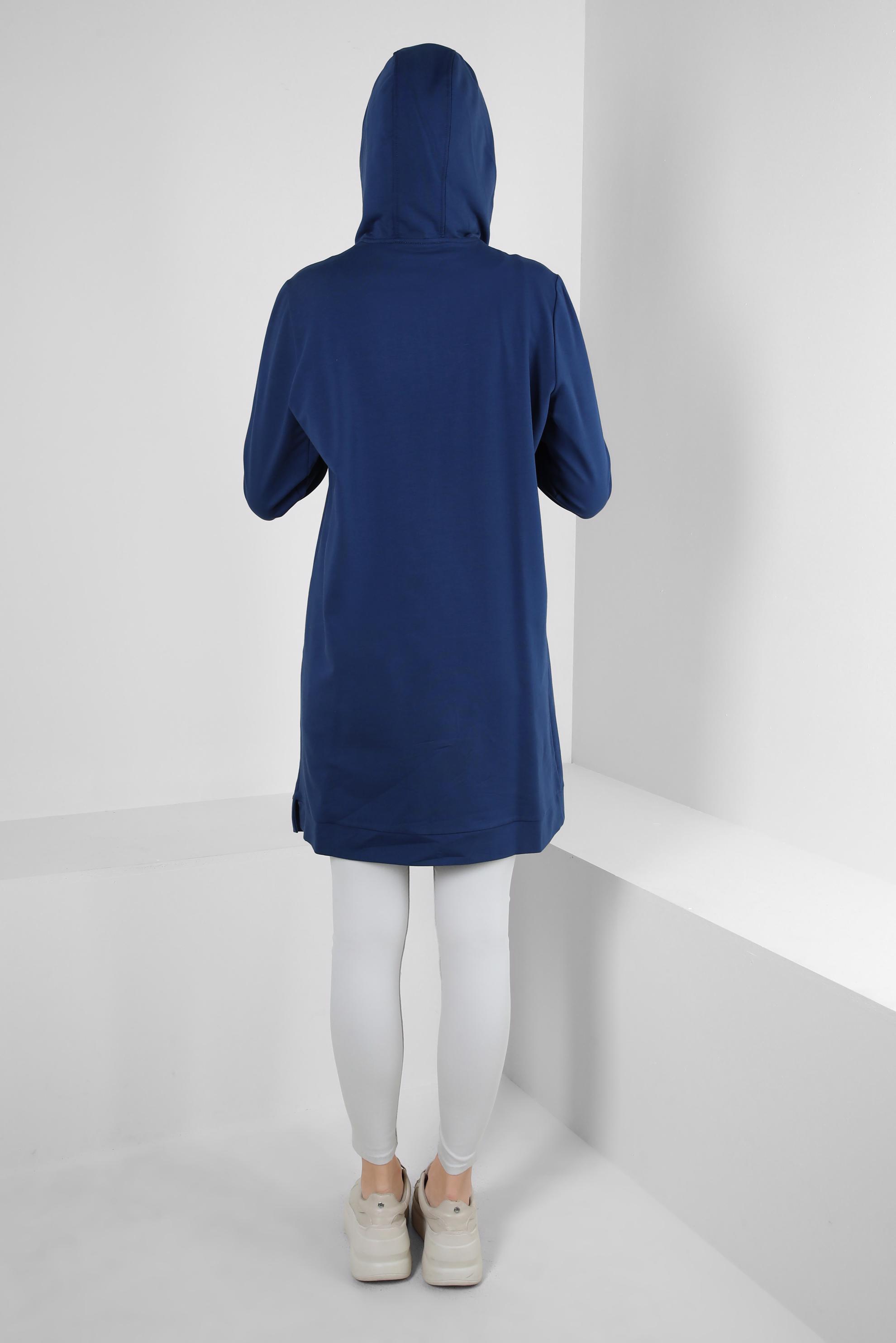 Tesettür giyim LACİVERT ASİMETRİK KESİMLİ KAPÜŞONLU EŞOFMAN TUNİK 41517