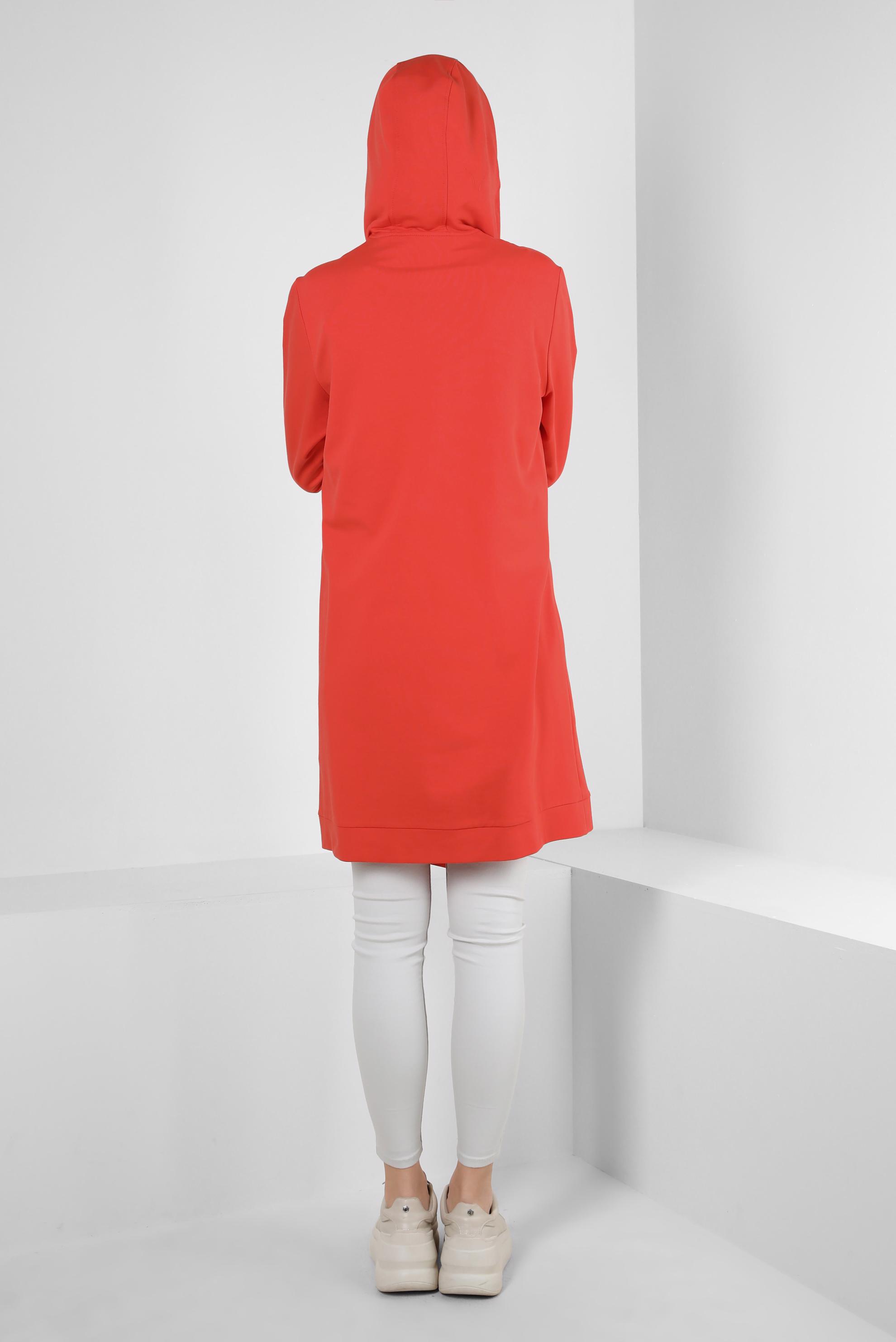 Tesettür giyim KIRMIZI ASİMETRİK KESİMLİ KAPÜŞONLU EŞOFMAN TUNİK 41517