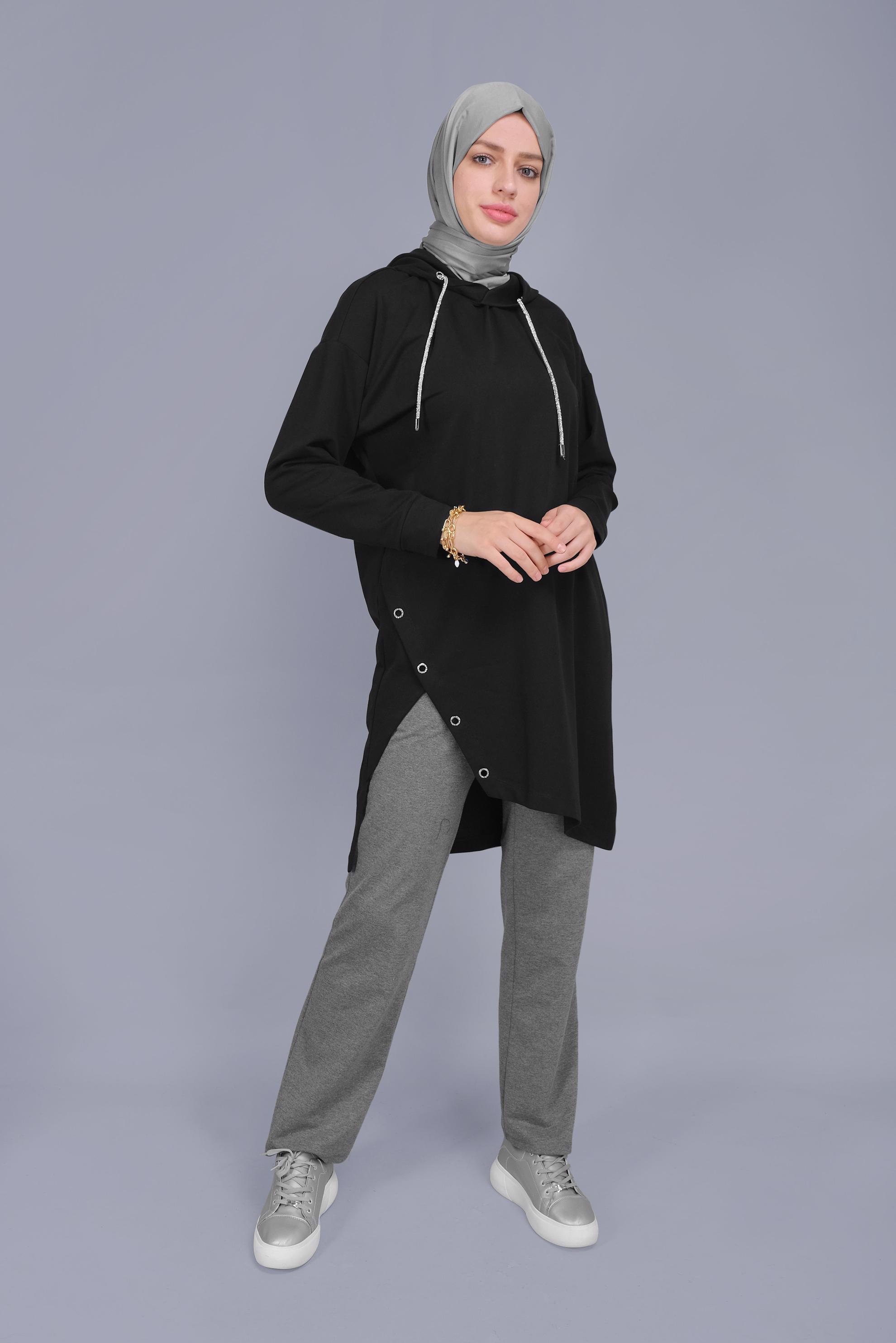Tesettür giyim SİYAH ASİMETRİK KESİM KAPÜŞONLU  EŞOFMAN TUNİK 41538 