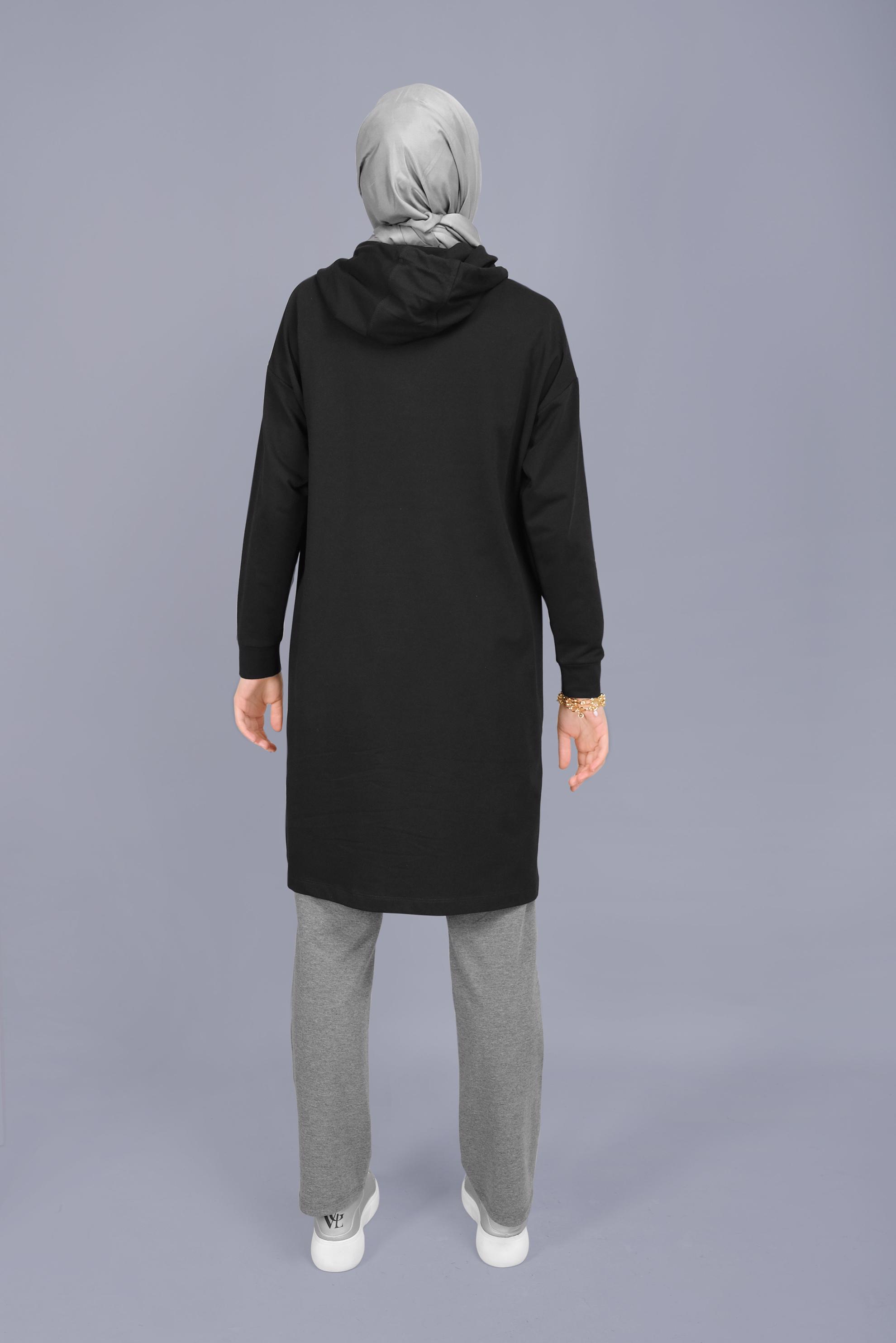 Tesettür giyim SİYAH ASİMETRİK KESİM KAPÜŞONLU  EŞOFMAN TUNİK 41538 