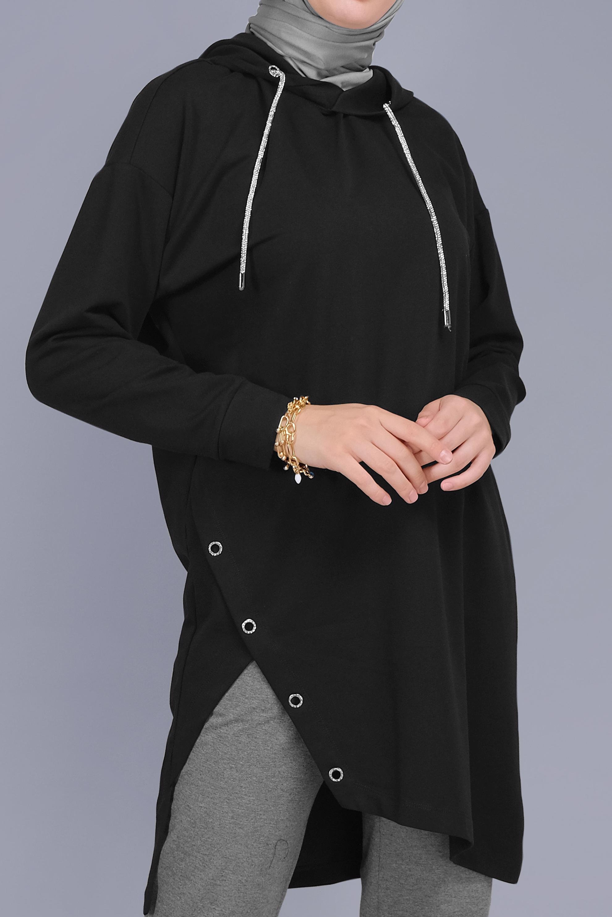 Tesettür giyim SİYAH ASİMETRİK KESİM KAPÜŞONLU  EŞOFMAN TUNİK 41538 