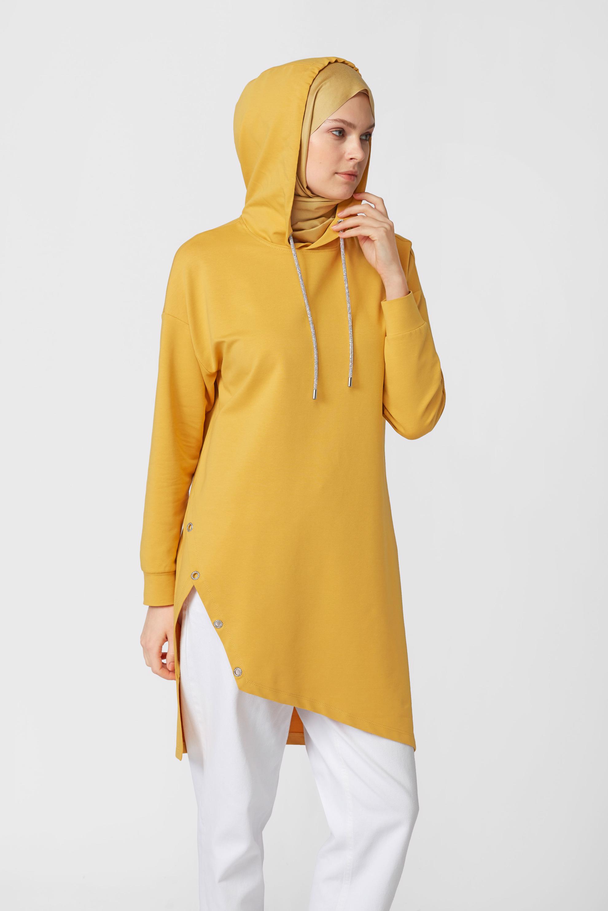 Tesettür giyim SARI ASİMETRİK KESİM KAPÜŞONLU  EŞOFMAN TUNİK 41538 