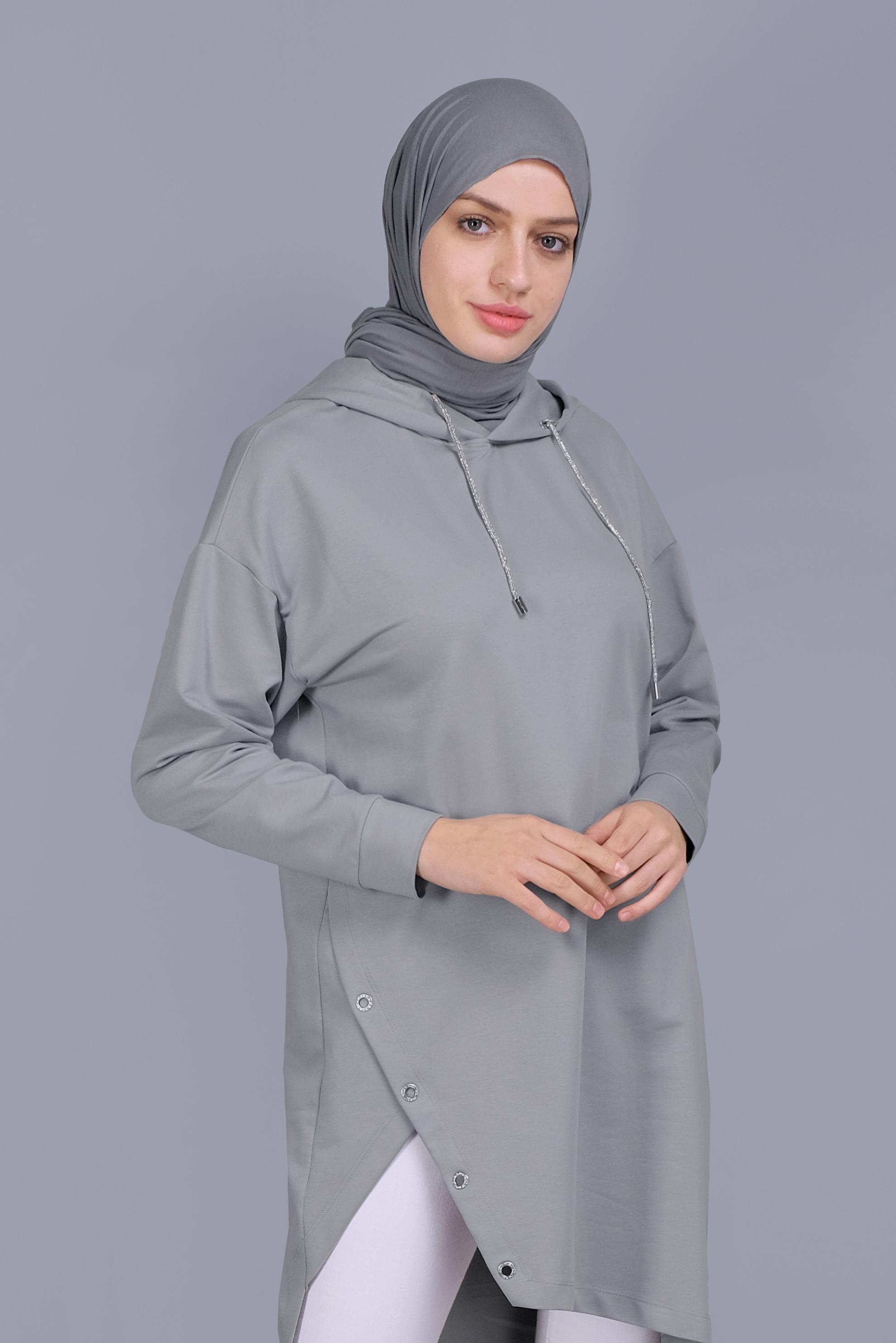 Tesettür giyim GÜMÜŞ ASİMETRİK KESİM KAPÜŞONLU  EŞOFMAN TUNİK 41538 