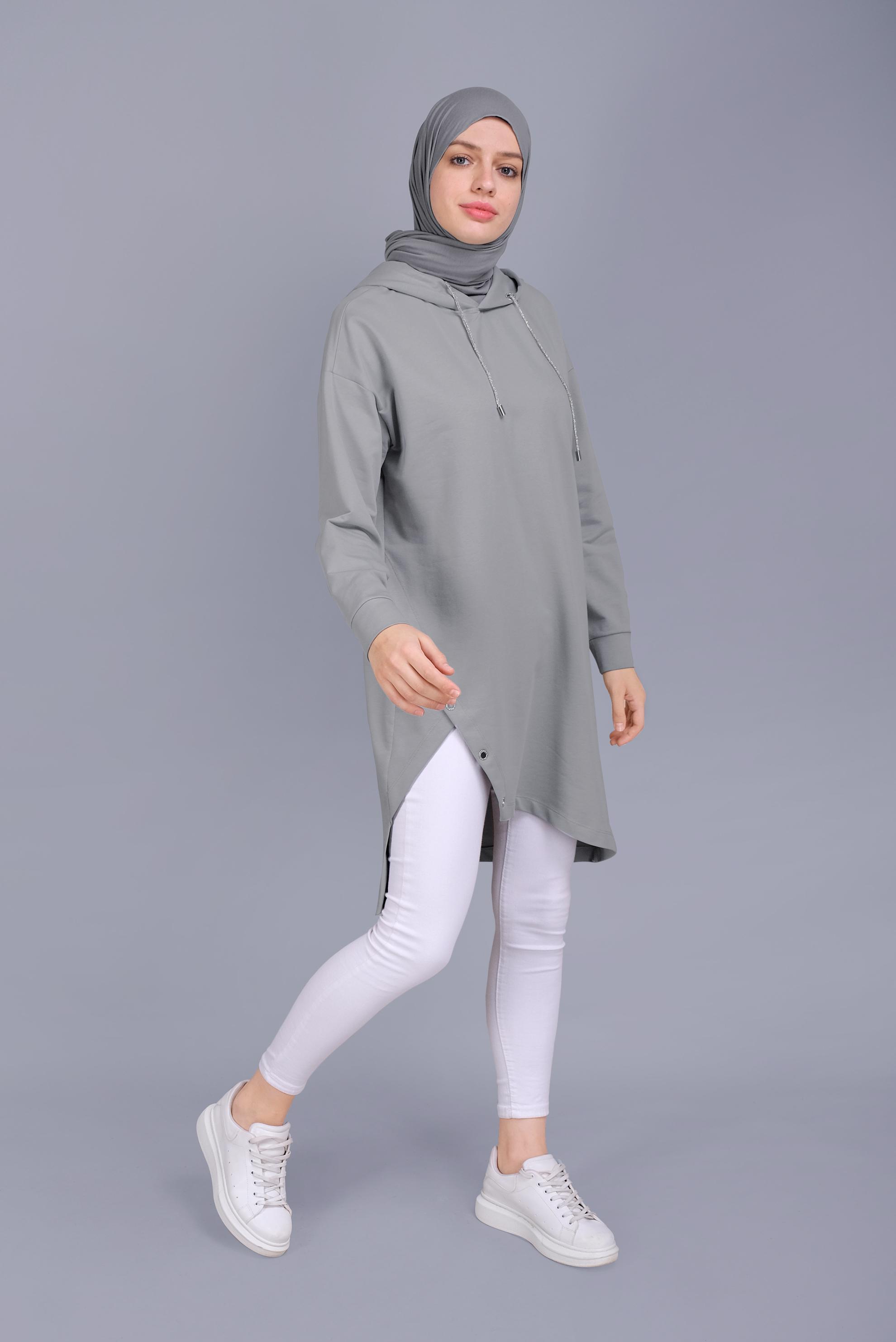 Tesettür giyim GÜMÜŞ ASİMETRİK KESİM KAPÜŞONLU  EŞOFMAN TUNİK 41538 