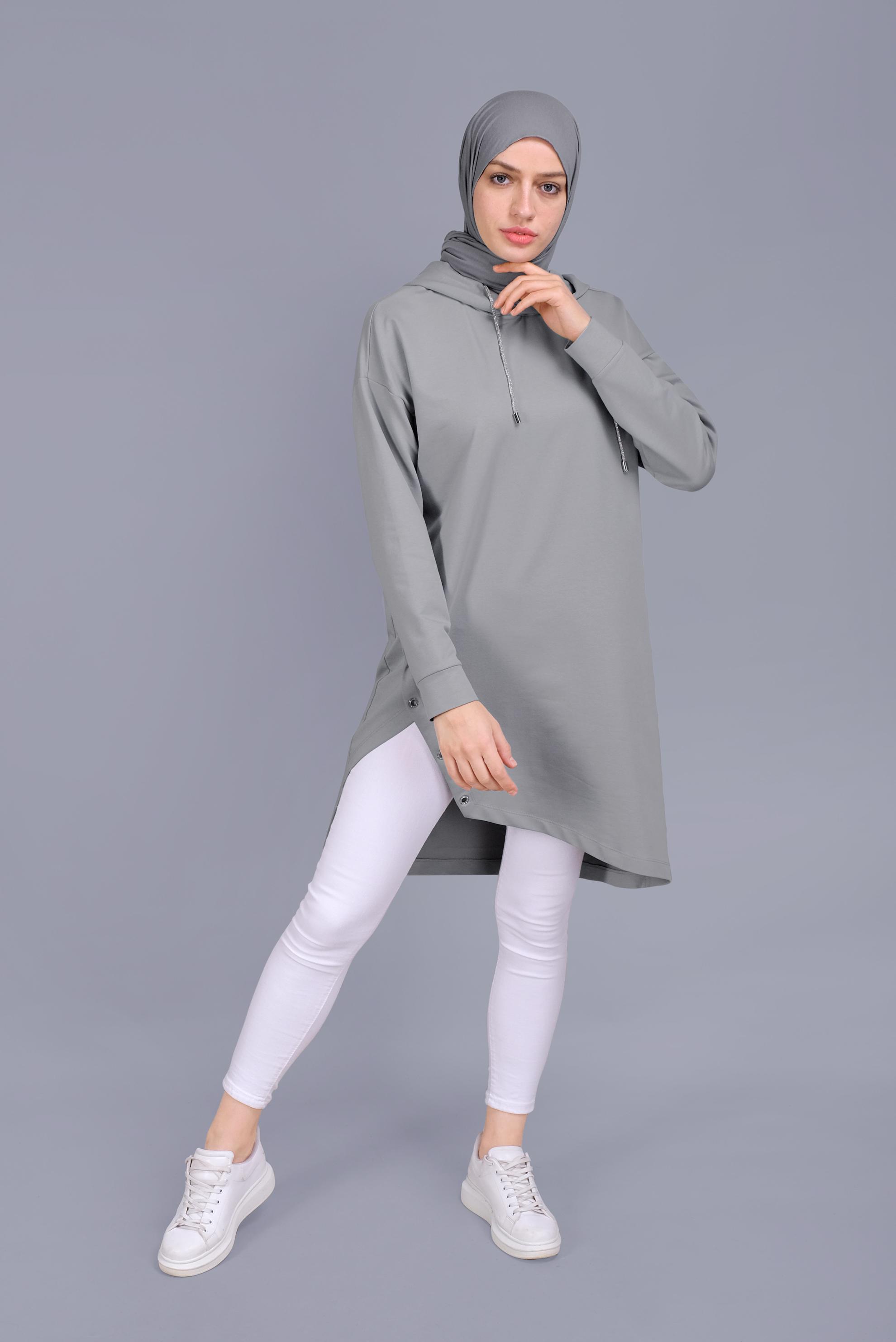Tesettür giyim GÜMÜŞ ASİMETRİK KESİM KAPÜŞONLU  EŞOFMAN TUNİK 41538 