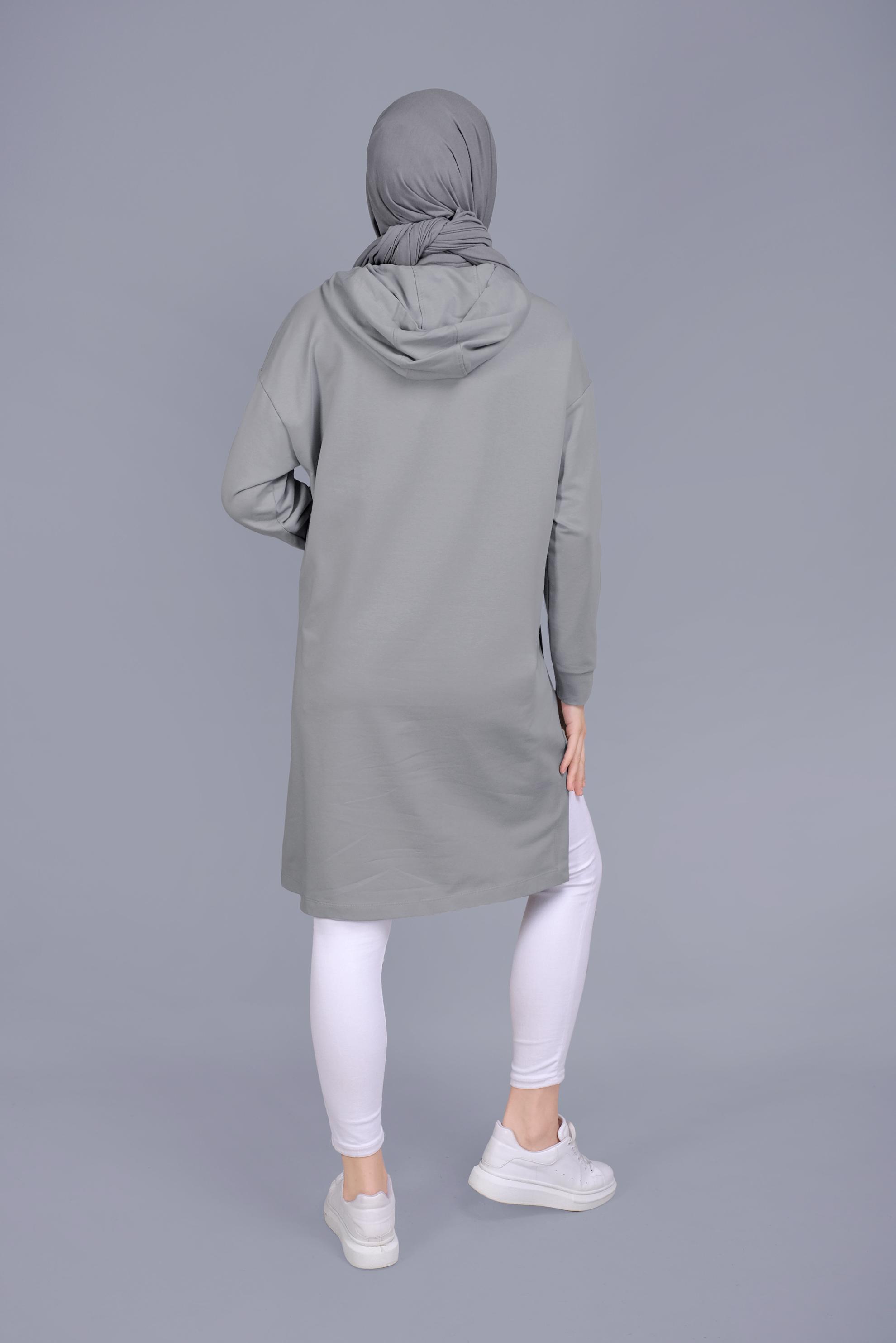 Tesettür giyim GÜMÜŞ ASİMETRİK KESİM KAPÜŞONLU  EŞOFMAN TUNİK 41538 