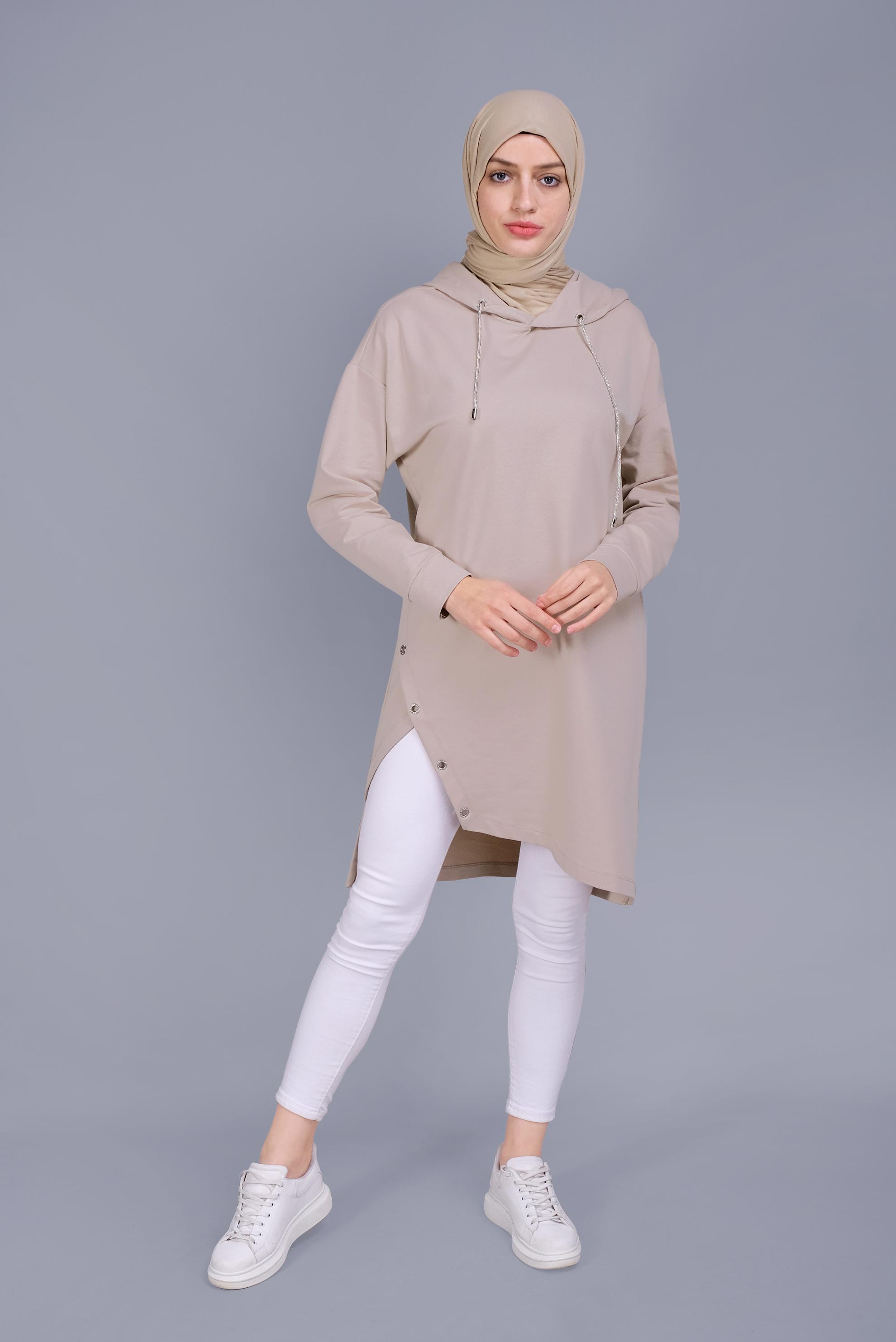 Tesettür giyim BEJ ASİMETRİK KESİM KAPÜŞONLU  EŞOFMAN TUNİK 41538 