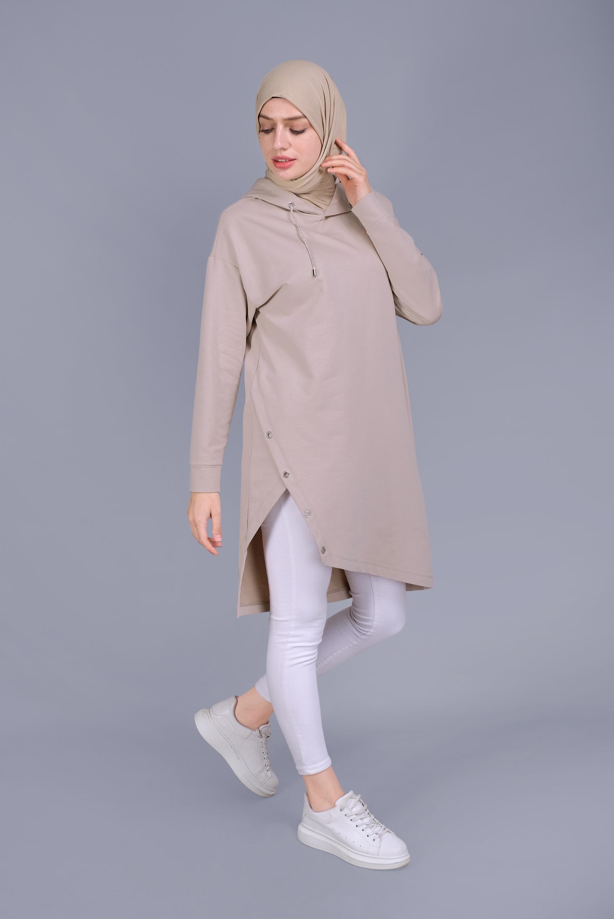 Tesettür giyim BEJ ASİMETRİK KESİM KAPÜŞONLU  EŞOFMAN TUNİK 41538 
