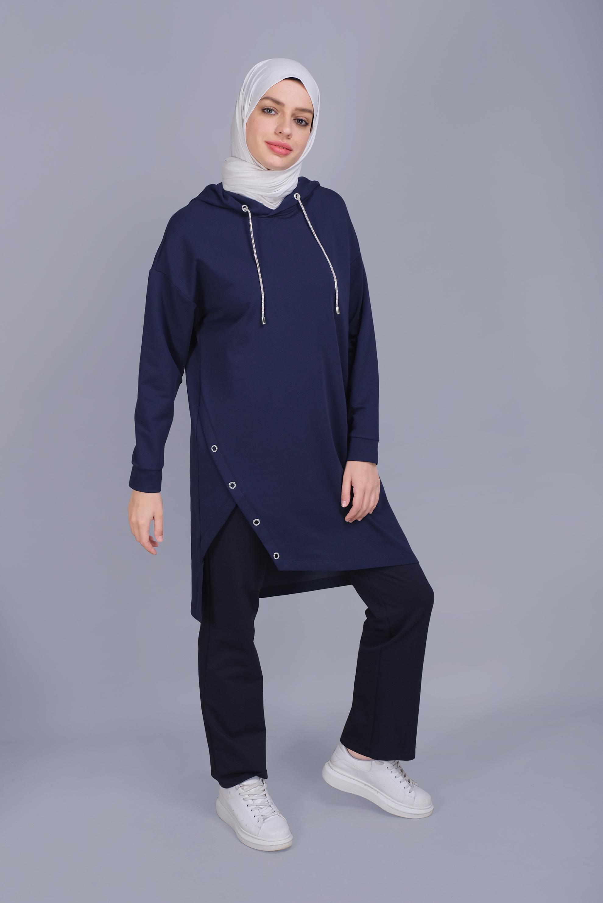 Tesettür giyim LACİVERT ASİMETRİK KESİM KAPÜŞONLU  EŞOFMAN TUNİK 41538 