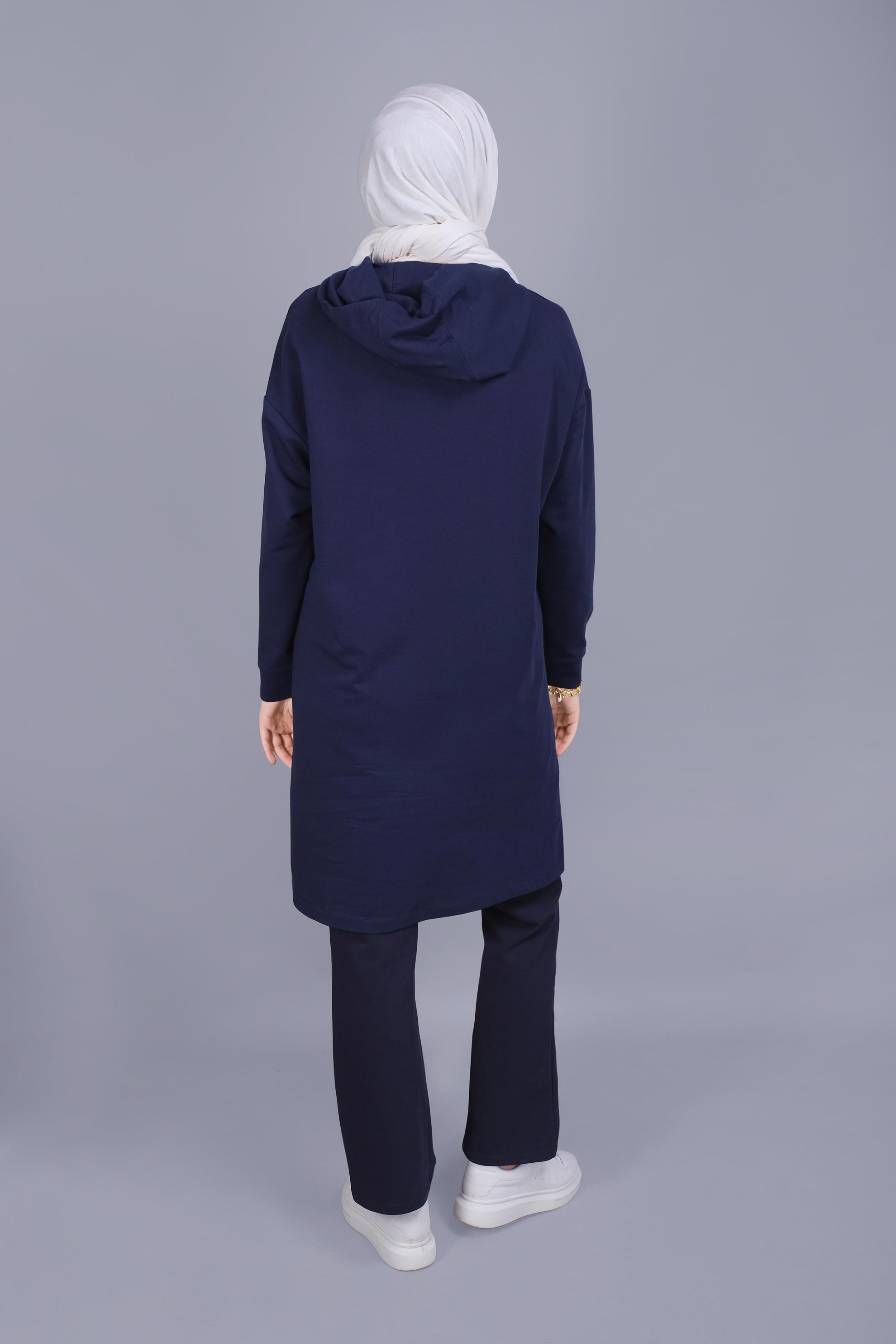 Tesettür giyim LACİVERT ASİMETRİK KESİM KAPÜŞONLU  EŞOFMAN TUNİK 41538 
