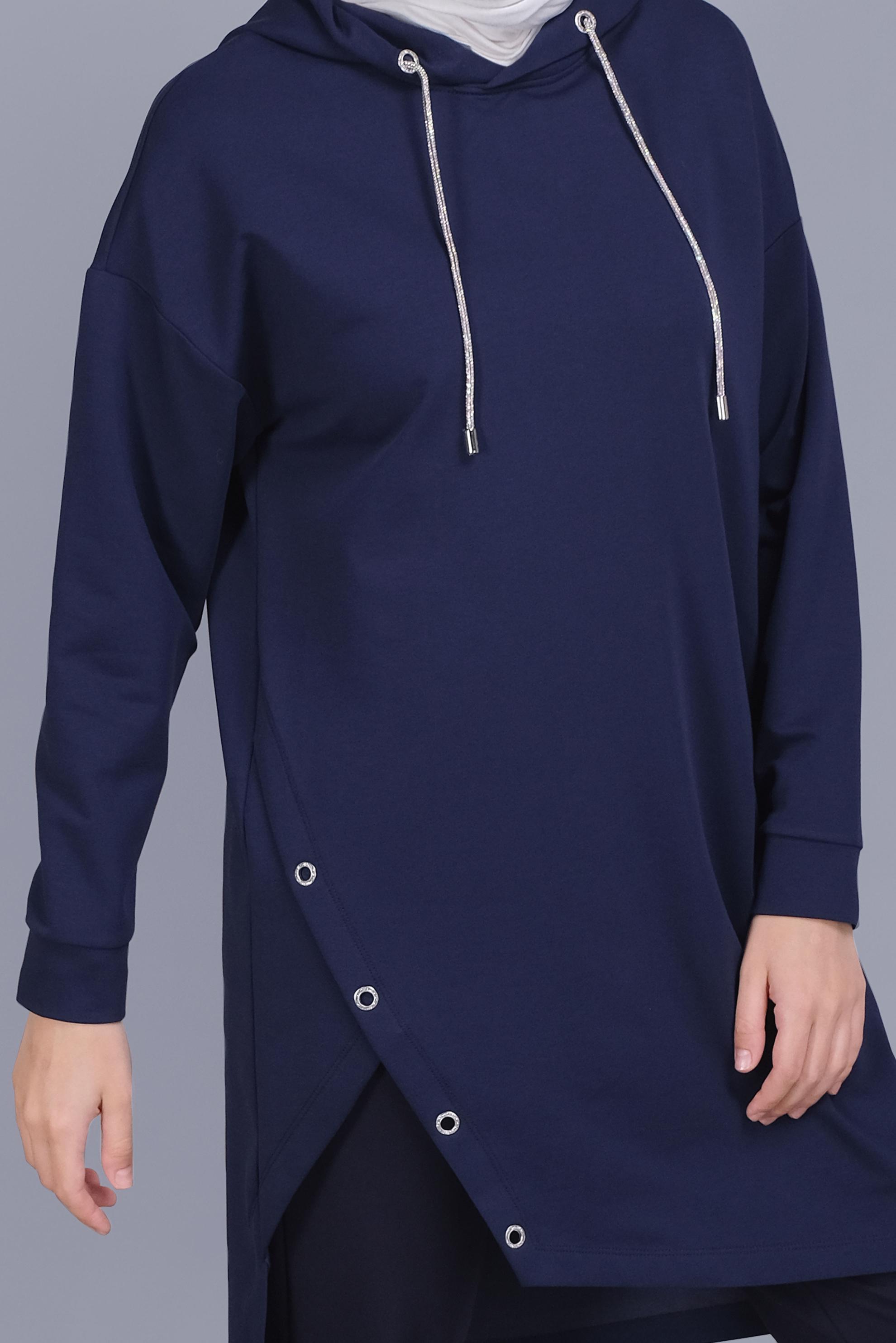 Tesettür giyim LACİVERT ASİMETRİK KESİM KAPÜŞONLU  EŞOFMAN TUNİK 41538 