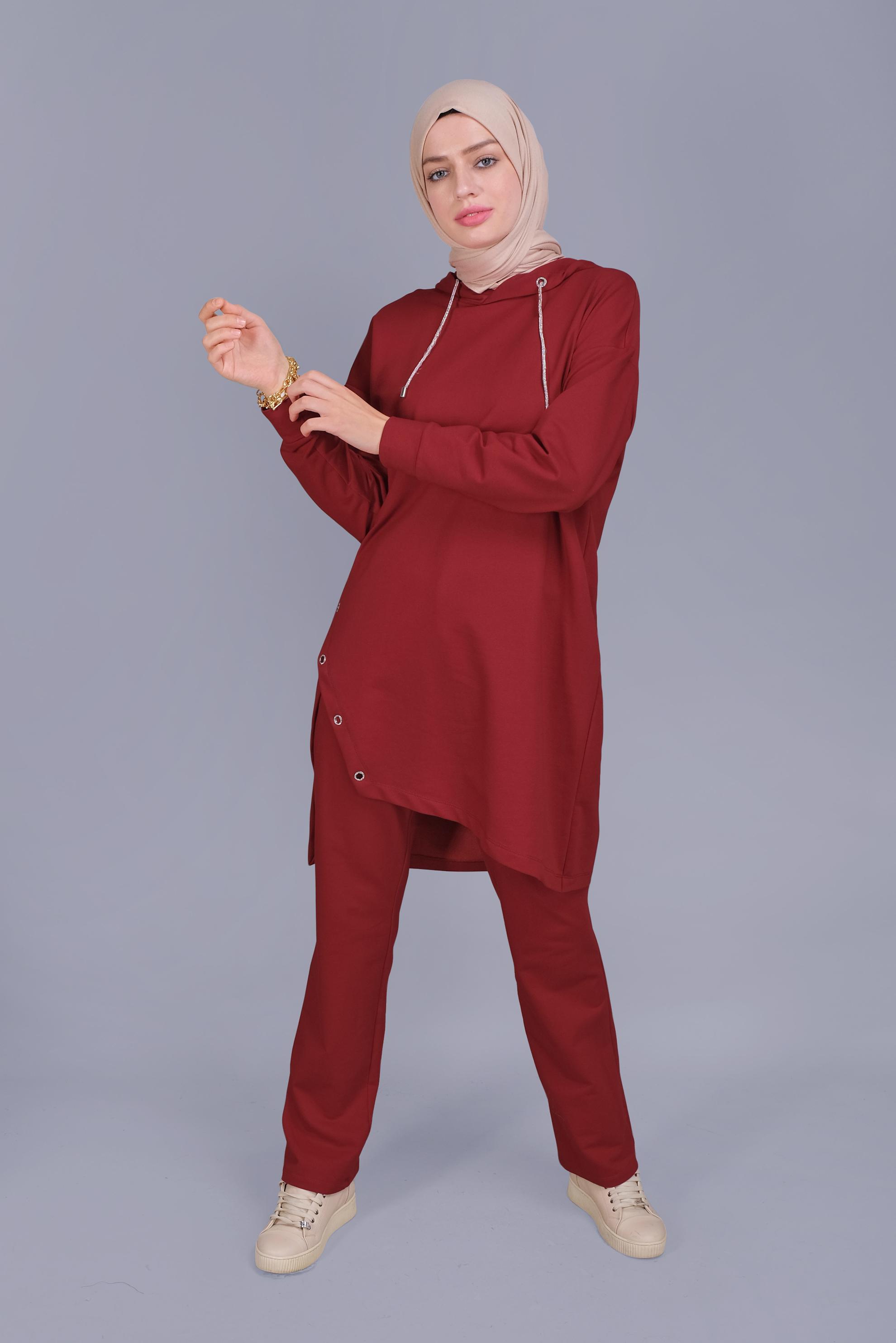 Tesettür giyim BORDO ASİMETRİK KESİM KAPÜŞONLU  EŞOFMAN TUNİK 41538 