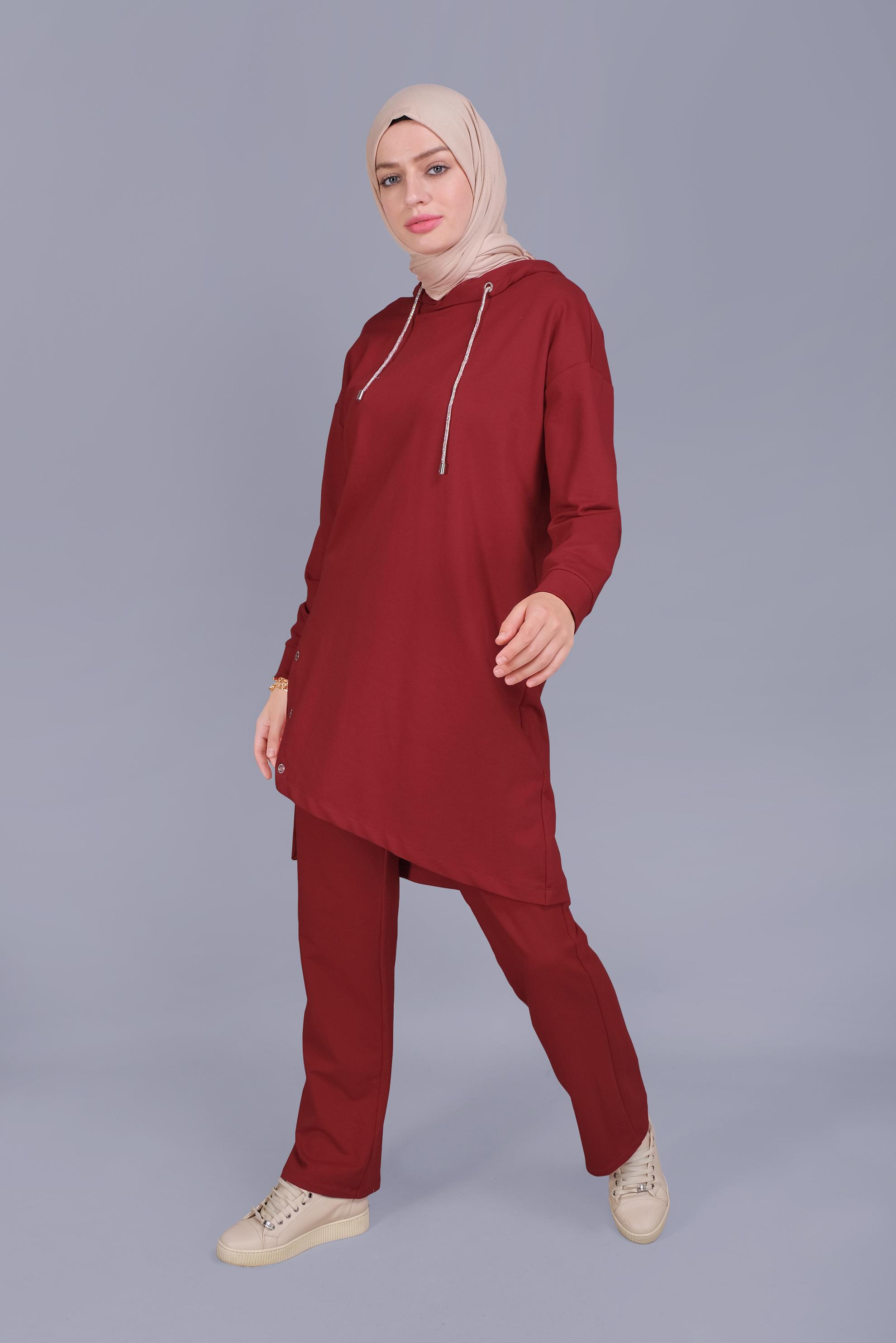 Tesettür giyim BORDO ASİMETRİK KESİM KAPÜŞONLU  EŞOFMAN TUNİK 41538 