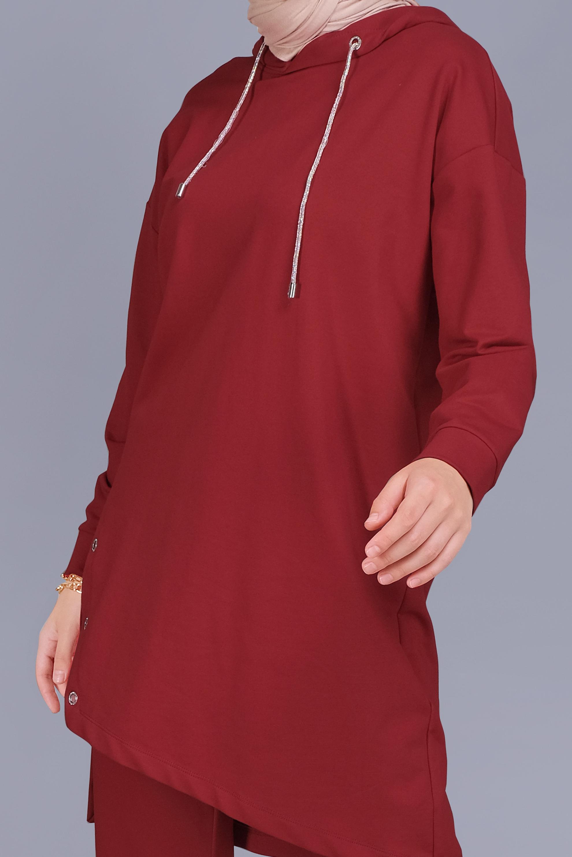 Tesettür giyim BORDO ASİMETRİK KESİM KAPÜŞONLU  EŞOFMAN TUNİK 41538 