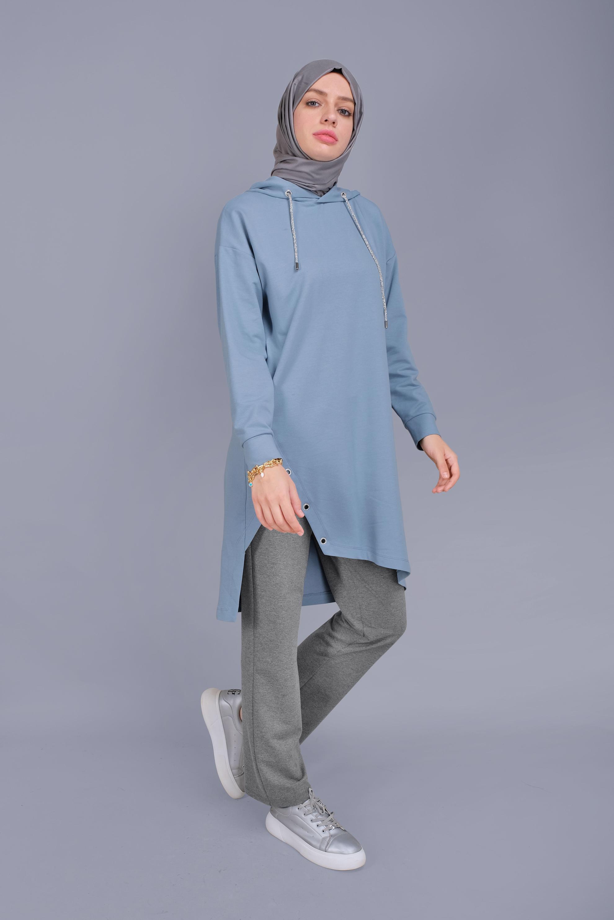 Tesettür giyim MAVİ ASİMETRİK KESİM KAPÜŞONLU  EŞOFMAN TUNİK 41538 