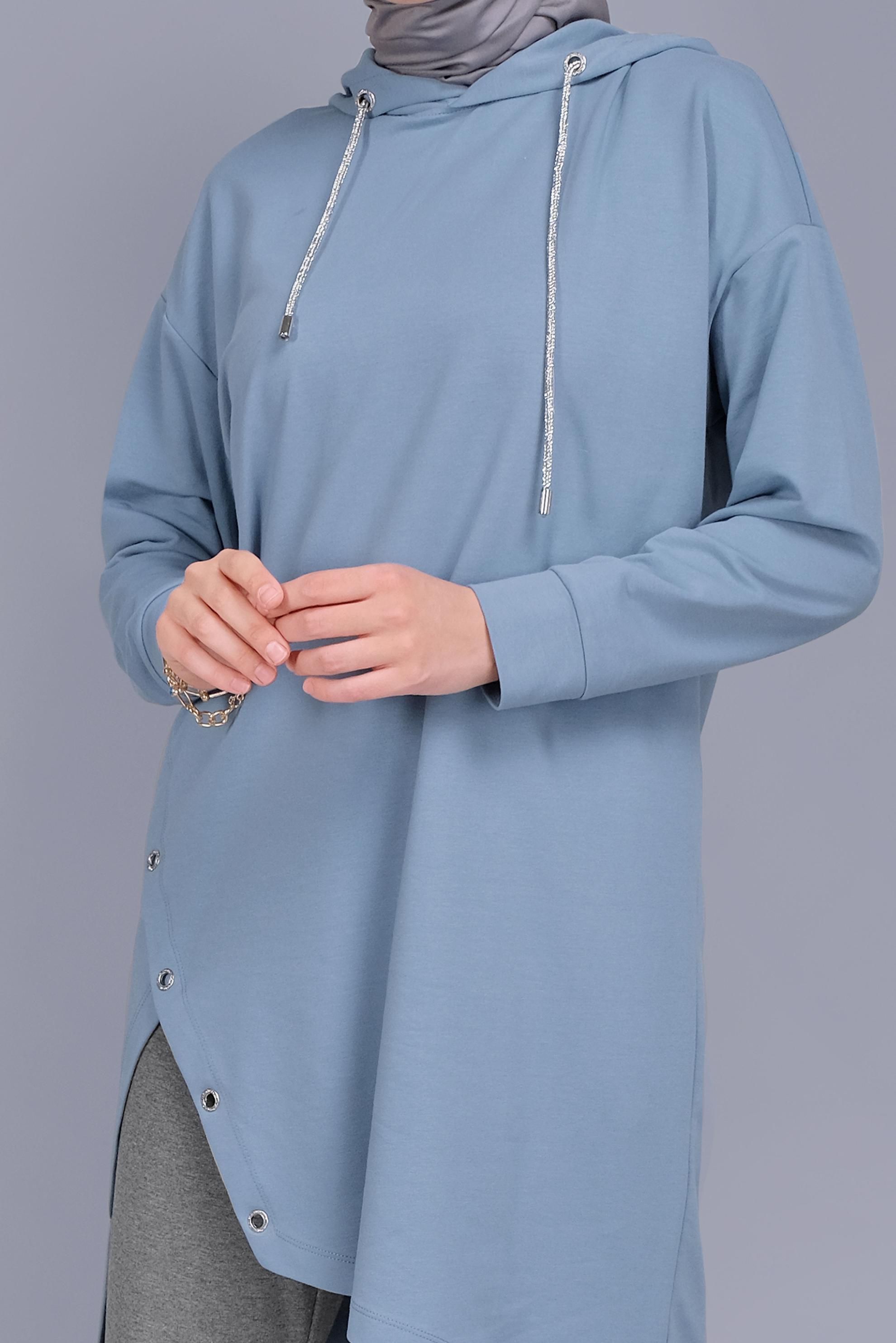 Tesettür giyim MAVİ ASİMETRİK KESİM KAPÜŞONLU  EŞOFMAN TUNİK 41538 