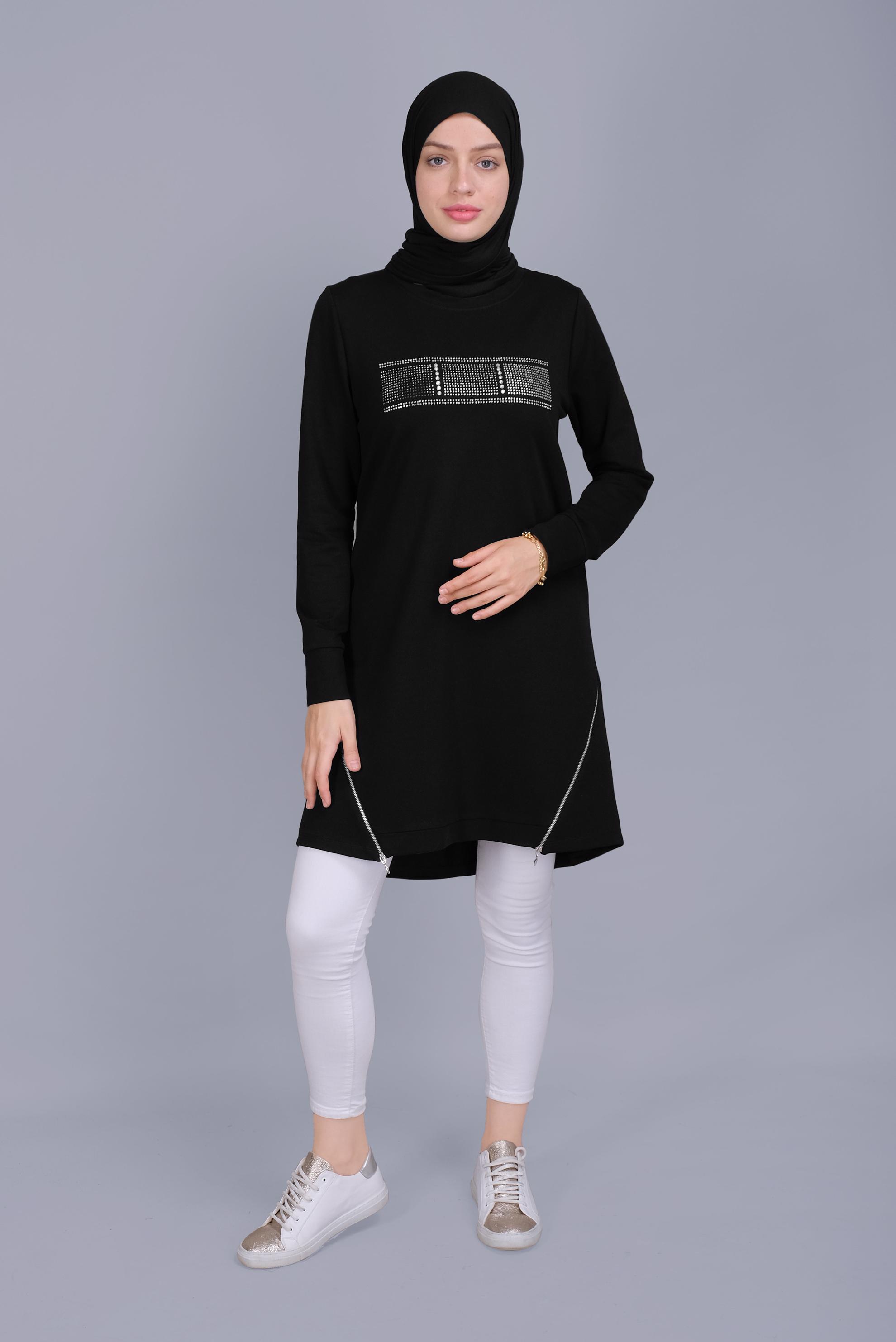 Tesettür giyim SİYAH TAŞ BASKILI FERMUARLI EŞOFMAN TUNİK 41568