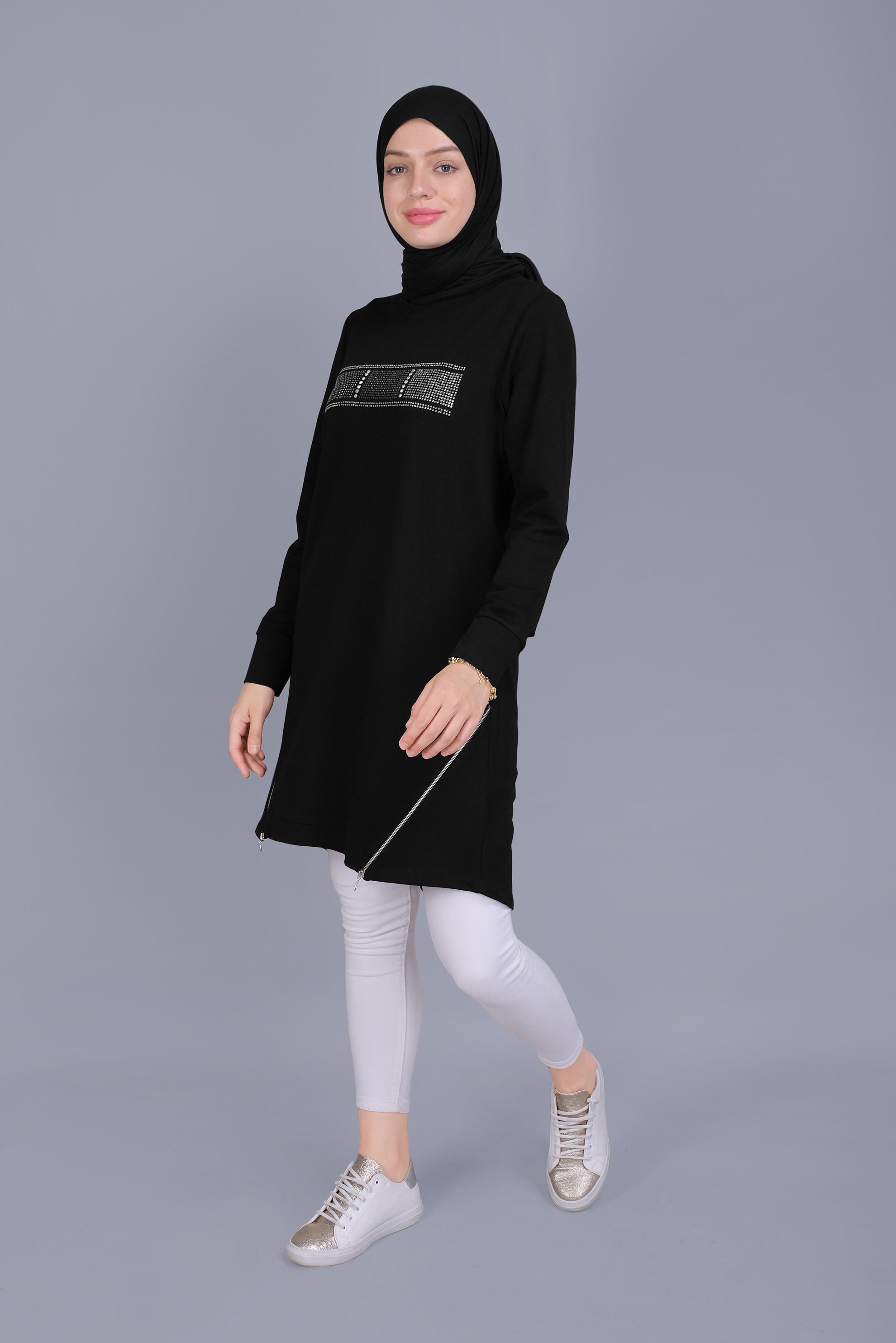 Tesettür giyim SİYAH TAŞ BASKILI FERMUARLI EŞOFMAN TUNİK 41568