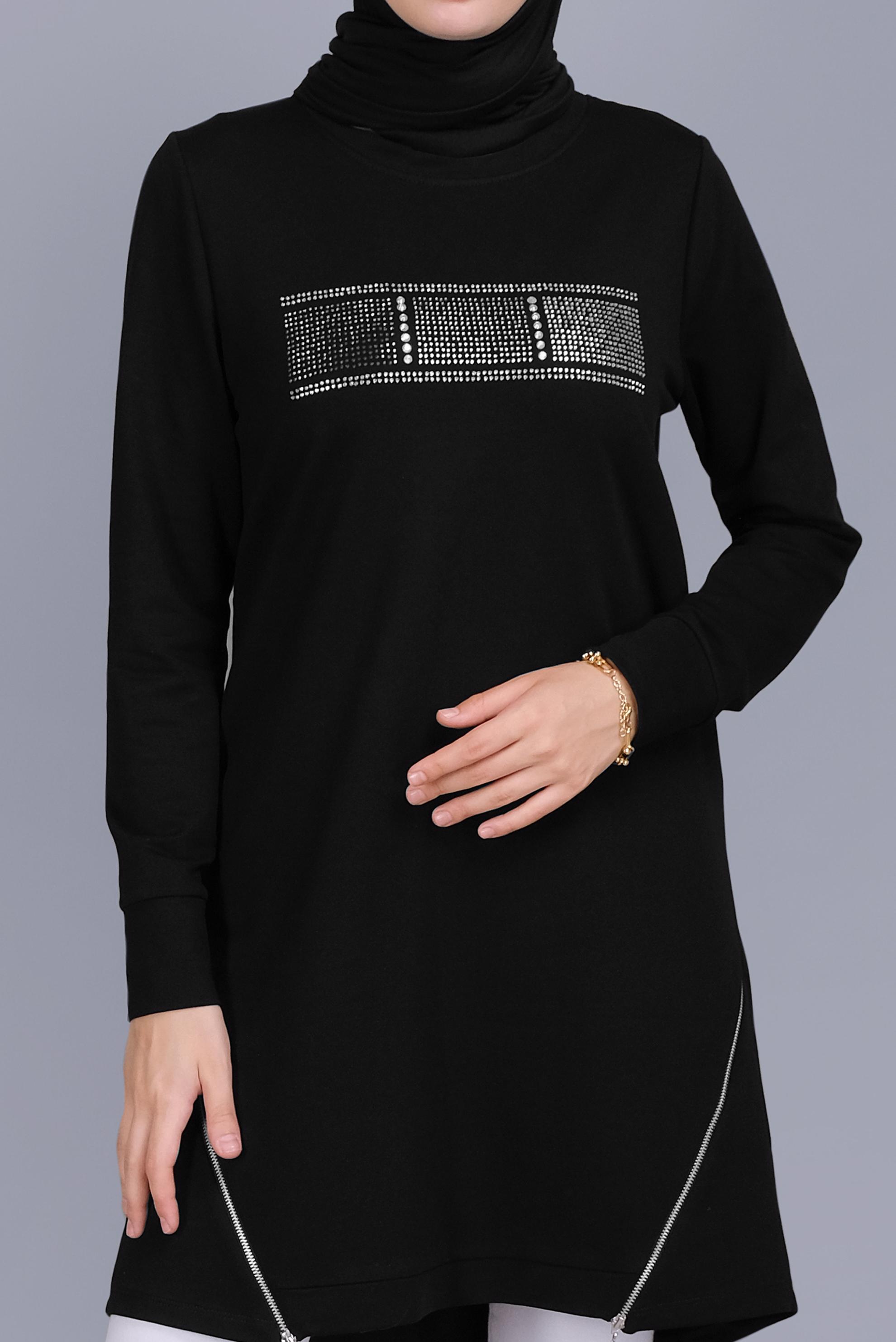 Tesettür giyim SİYAH TAŞ BASKILI FERMUARLI EŞOFMAN TUNİK 41568