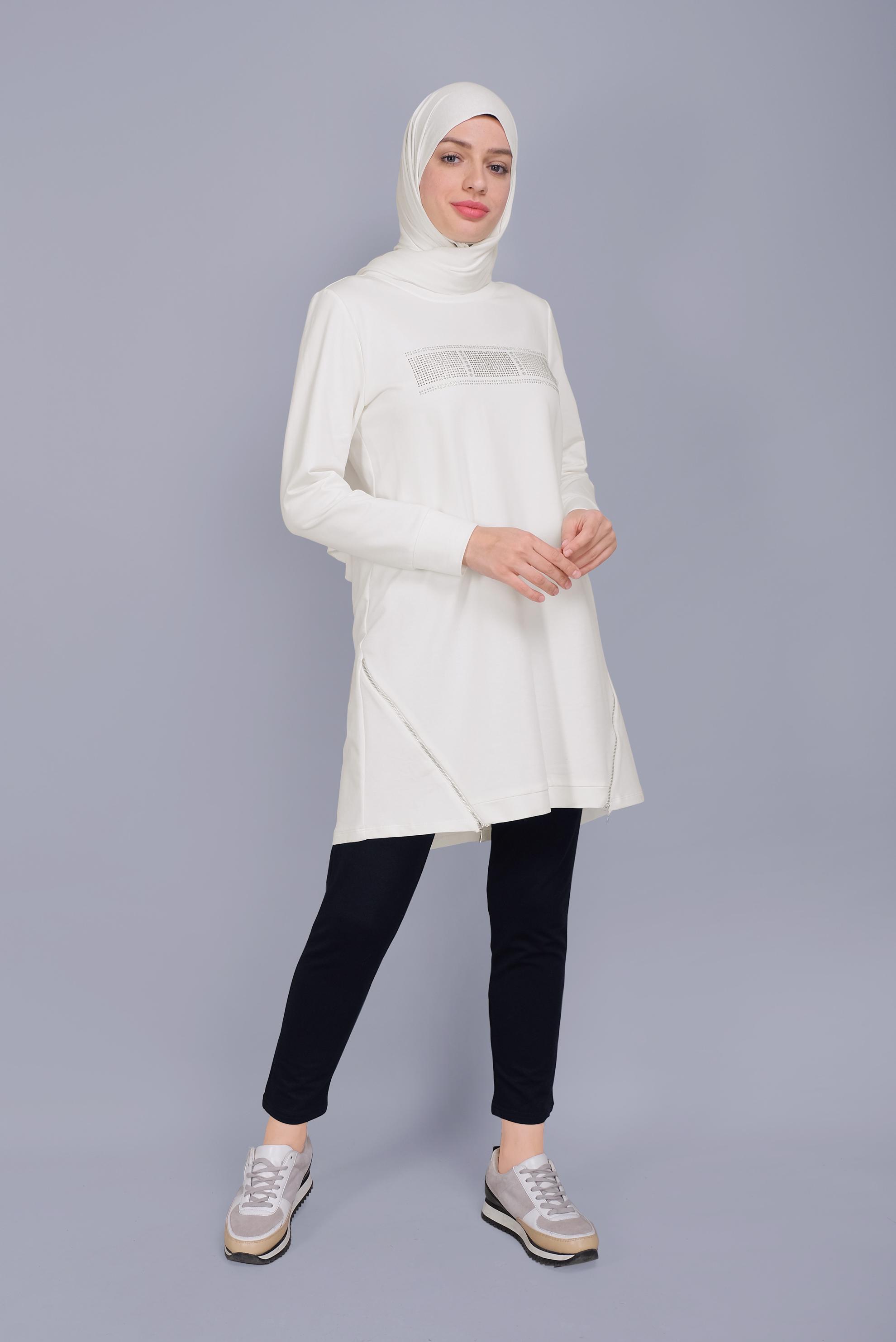 Tesettür giyim BEYAZ TAŞ BASKILI FERMUARLI EŞOFMAN TUNİK 41568