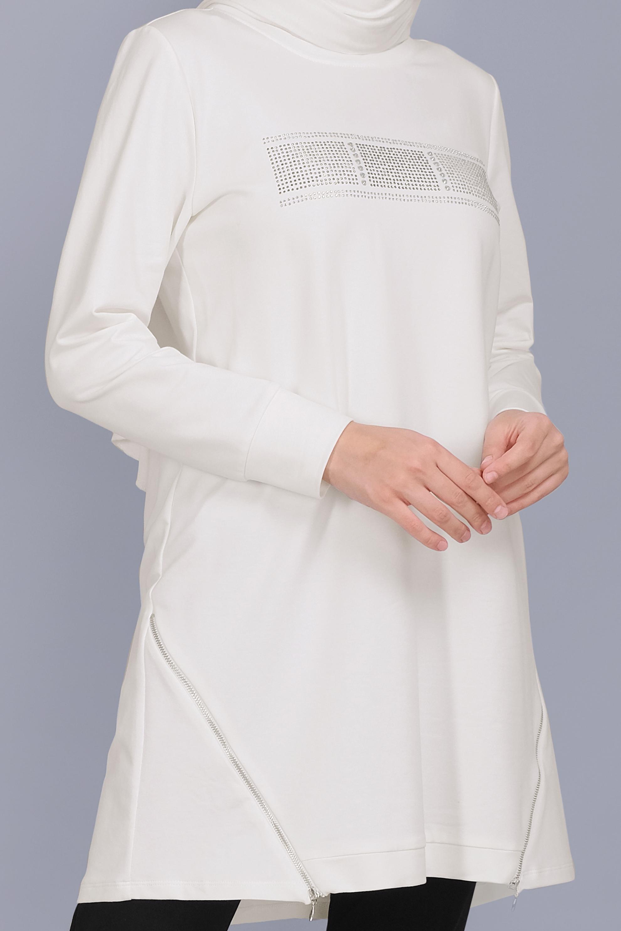 Tesettür giyim BEYAZ TAŞ BASKILI FERMUARLI EŞOFMAN TUNİK 41568