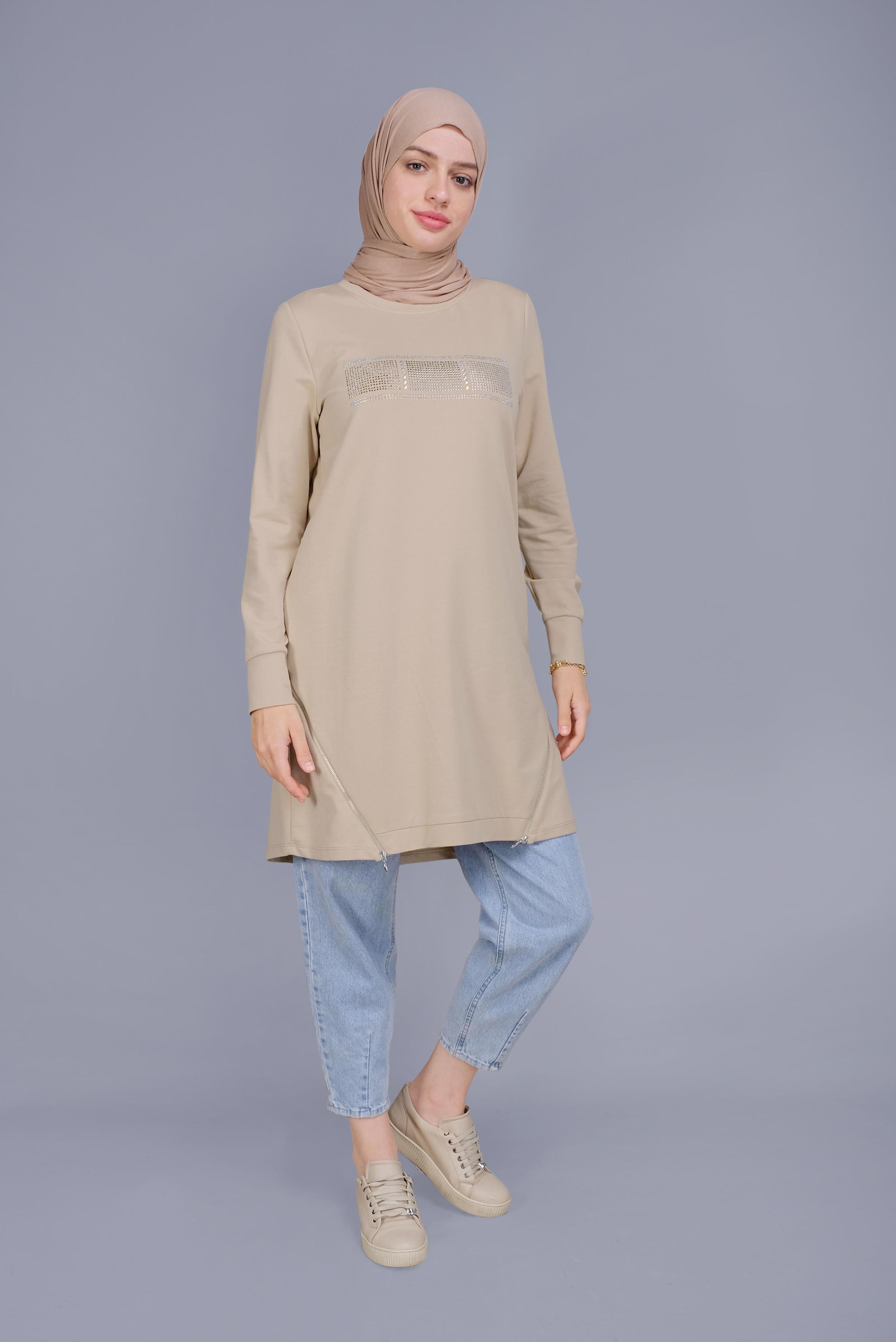 Tesettür giyim BEJ TAŞ BASKILI FERMUARLI EŞOFMAN TUNİK 41568